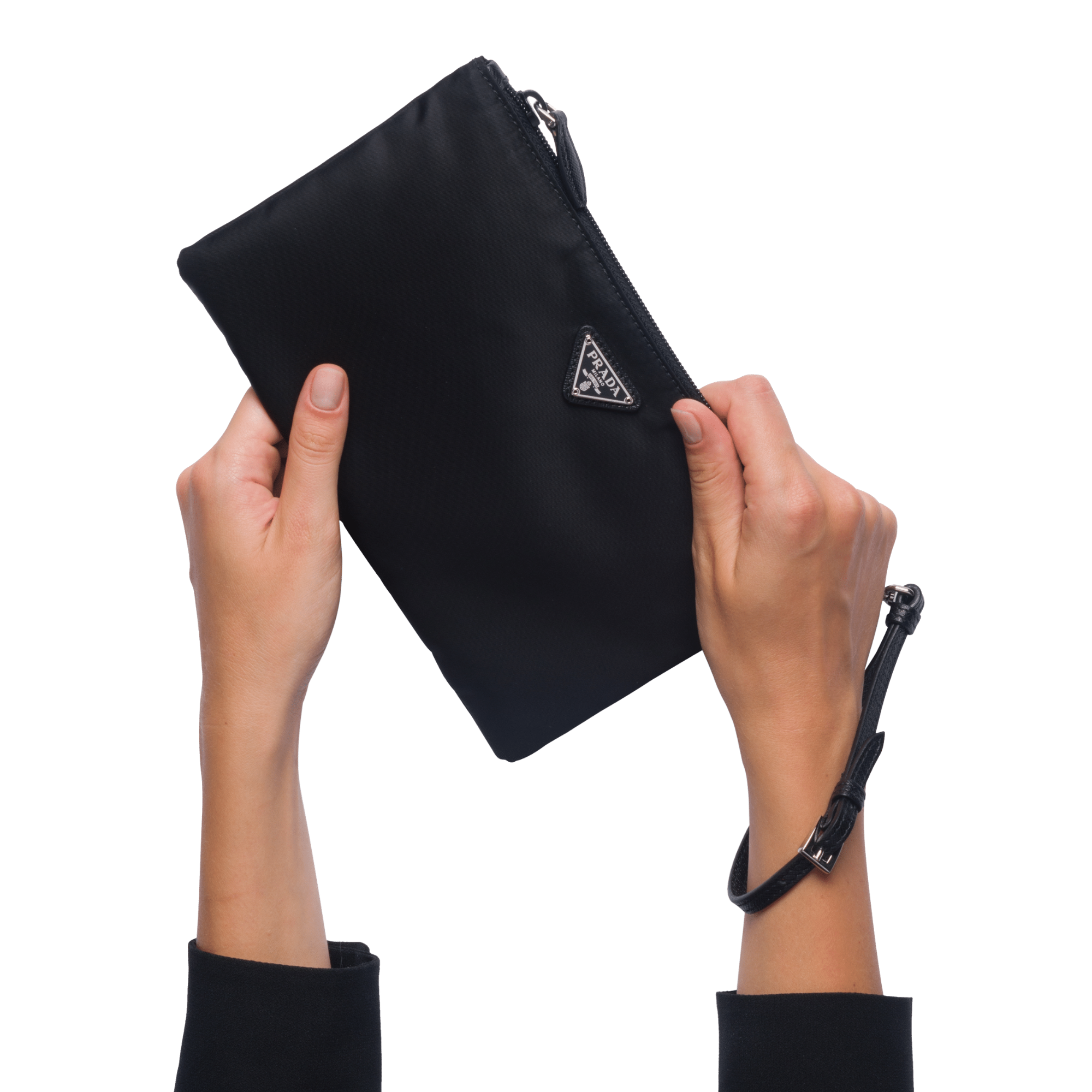 Prada Tessuto Nylon Black Triangle Logo Wristlet Clutch Pouch Bag