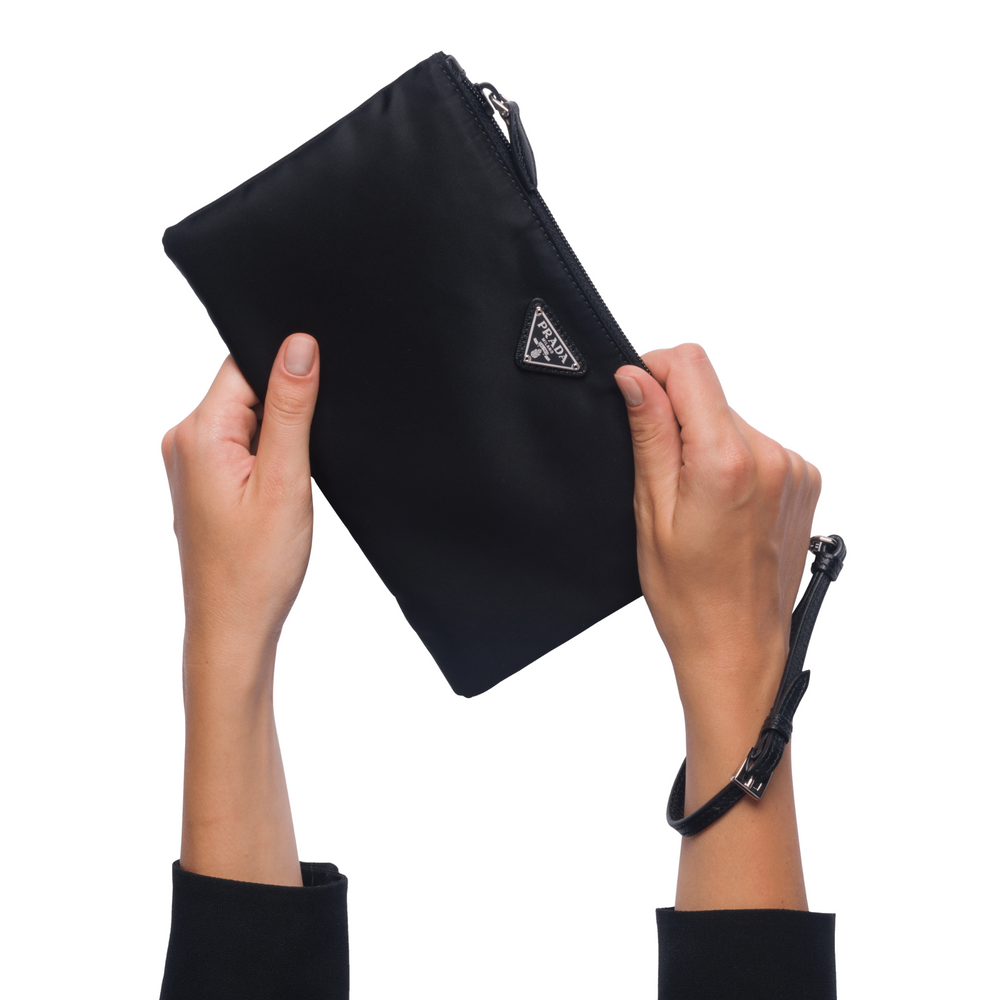 Prada Tessuto Nylon Black Triangle Logo Wristlet Clutch Pouch Bag