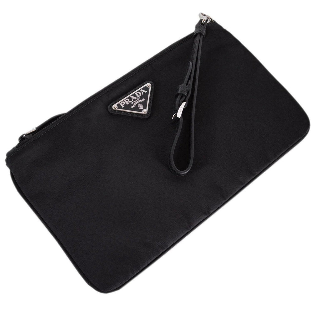 Prada Tessuto Nylon Black Triangle Logo Wristlet Clutch Pouch Bag