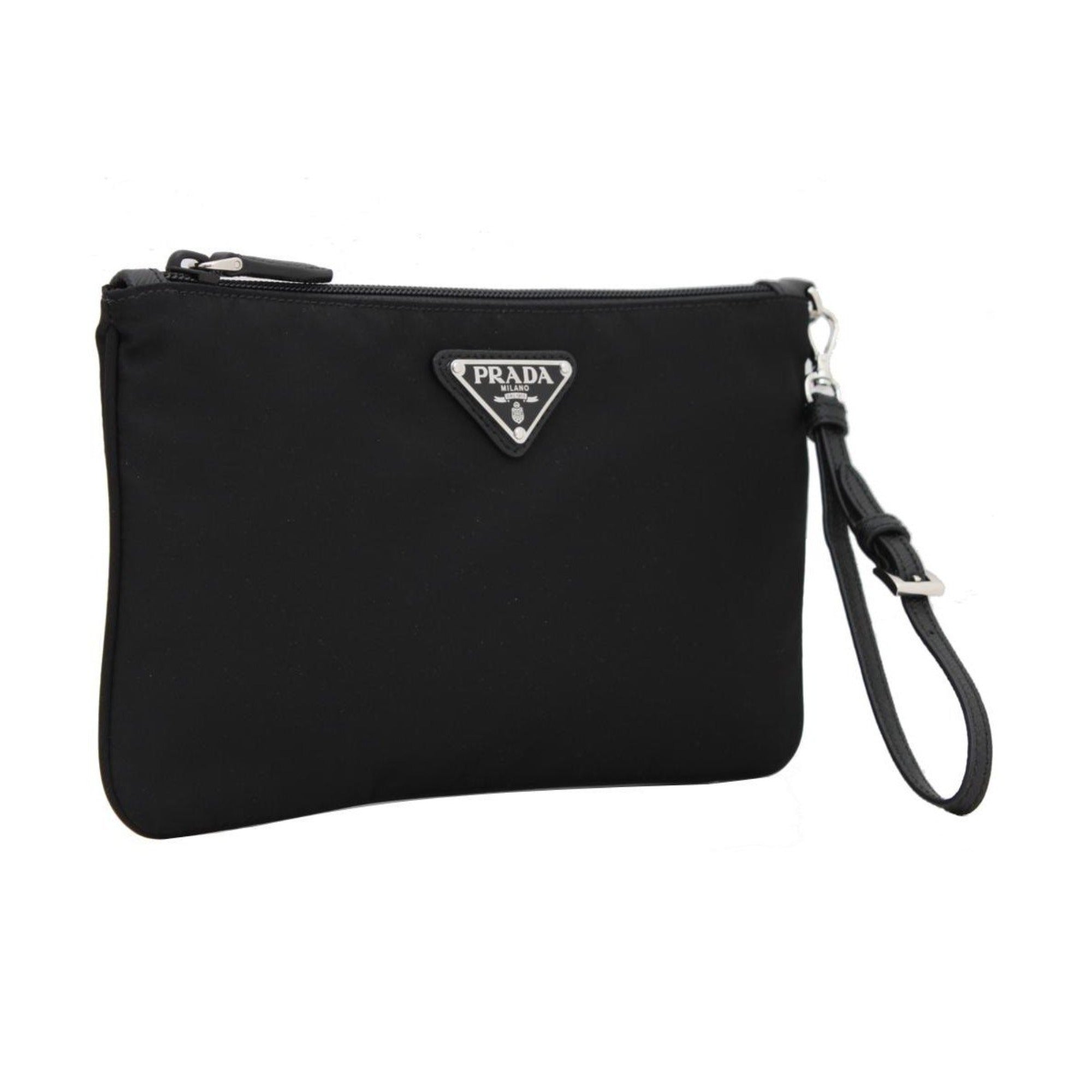 Prada Tessuto Nylon Black Triangle Logo Wristlet Clutch Pouch Bag