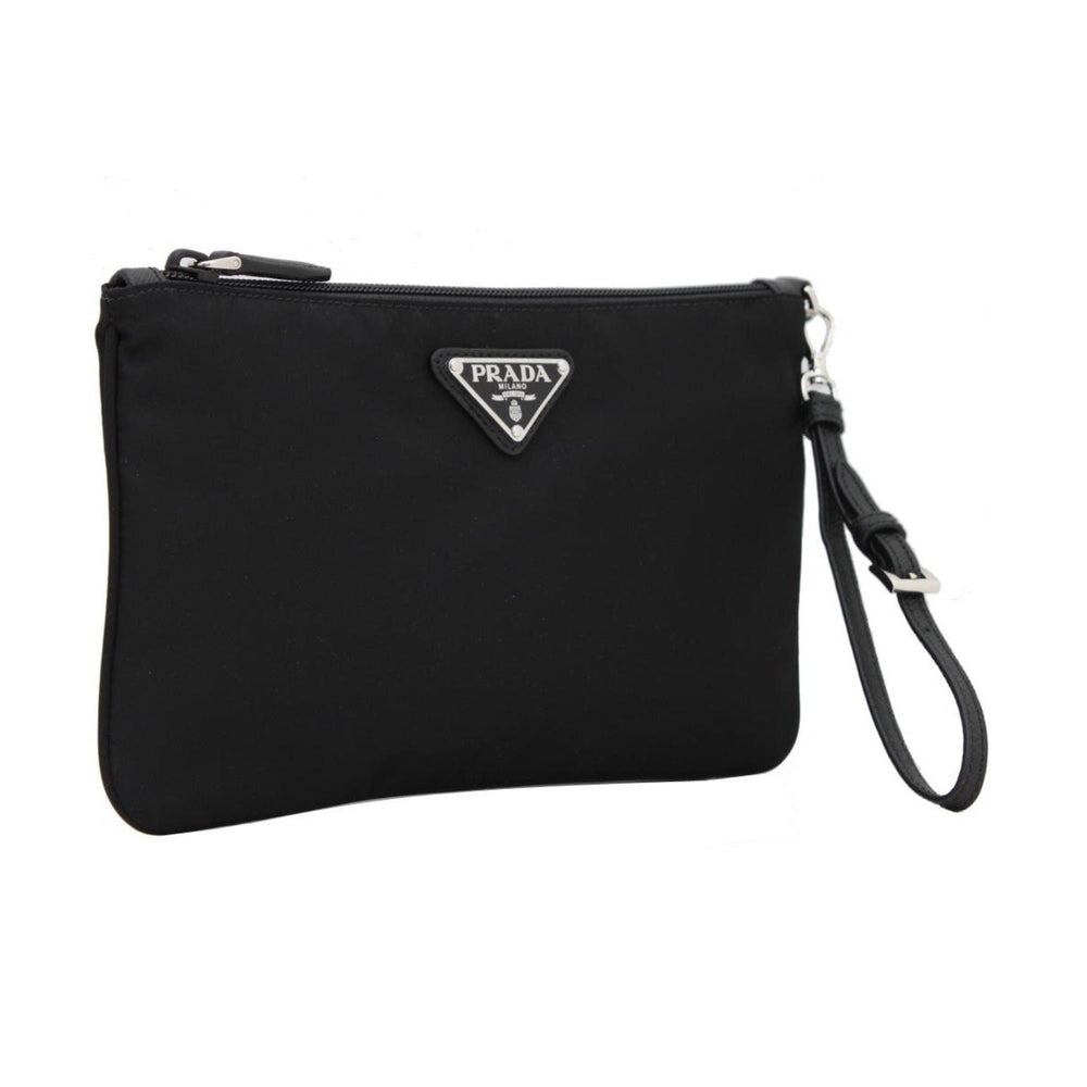 Prada Tessuto Nylon Black Triangle Logo Wristlet Clutch Pouch Bag