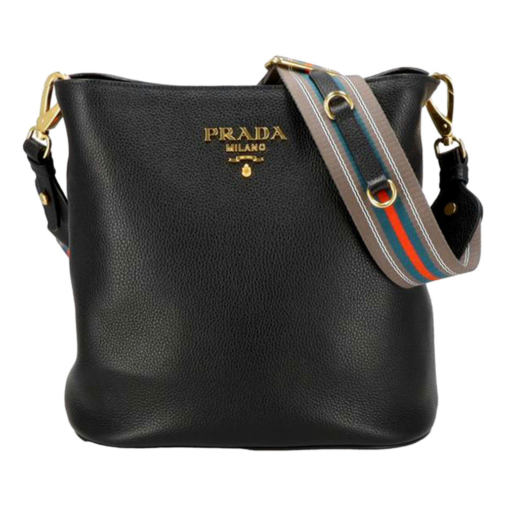 Prada Vitello Phenix Black Leather Web Strap Crossbody Bucket Bag
