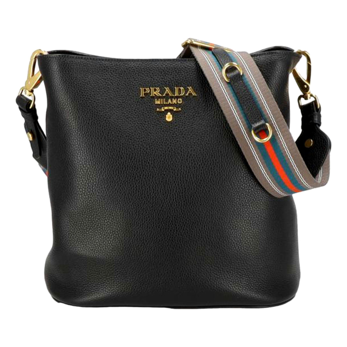 Prada Vitello Phenix Black Leather Web Strap Crossbody Bucket Bag