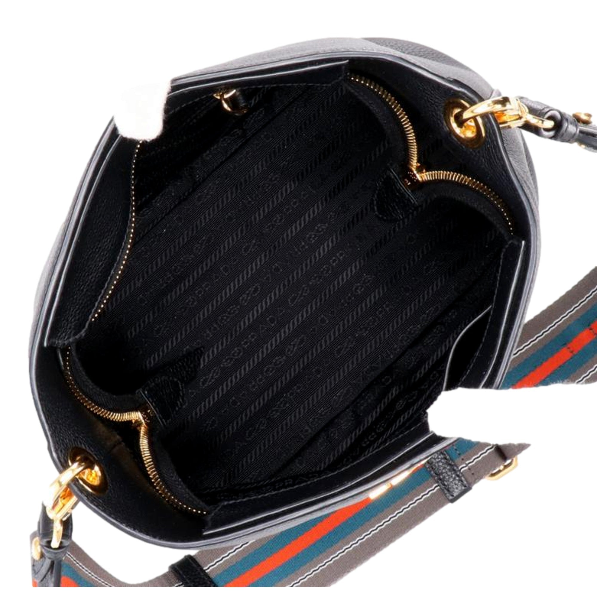 Prada Vitello Phenix Black Leather Web Strap Crossbody Bucket Bag