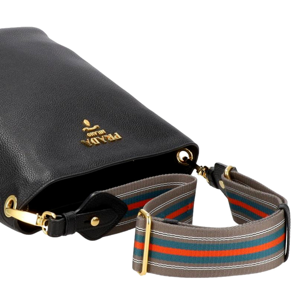 Prada Vitello Phenix Black Leather Web Strap Crossbody Bucket Bag