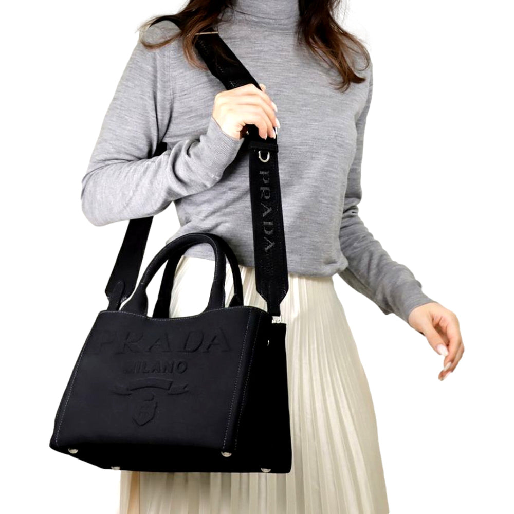 Prada Canapa Black Canvas Logo Tote Handbag Medium