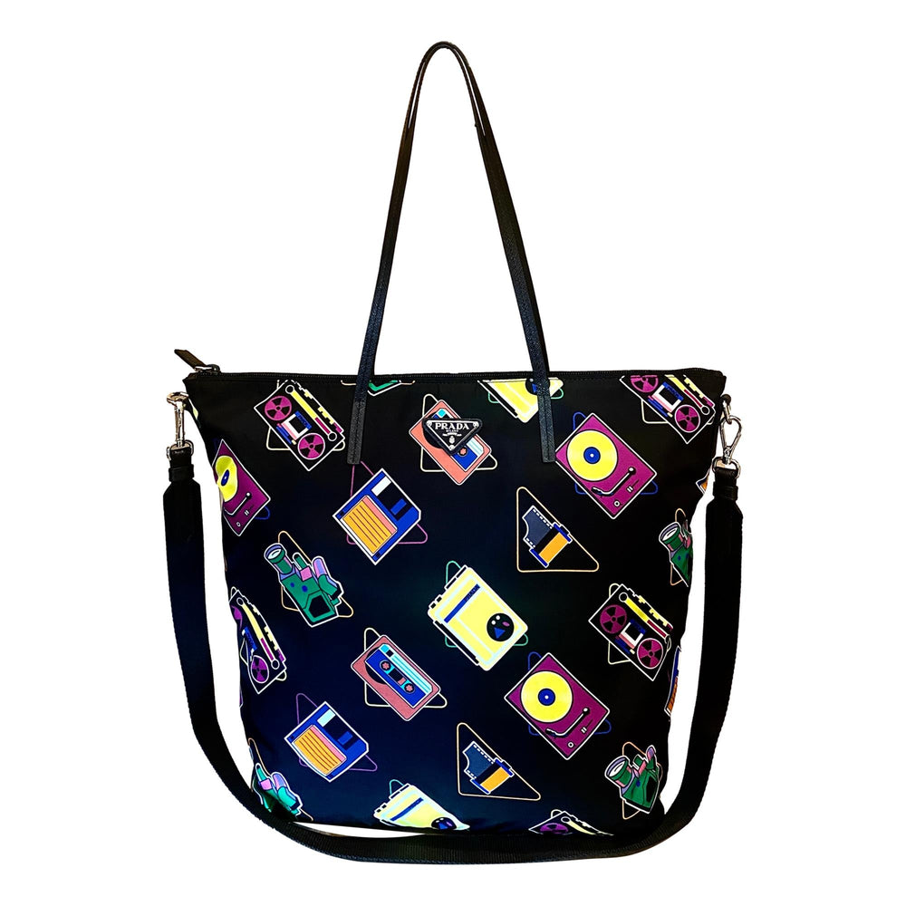 Prada Cassette Print Black Nylon Convertible Tote Shoulder Bag