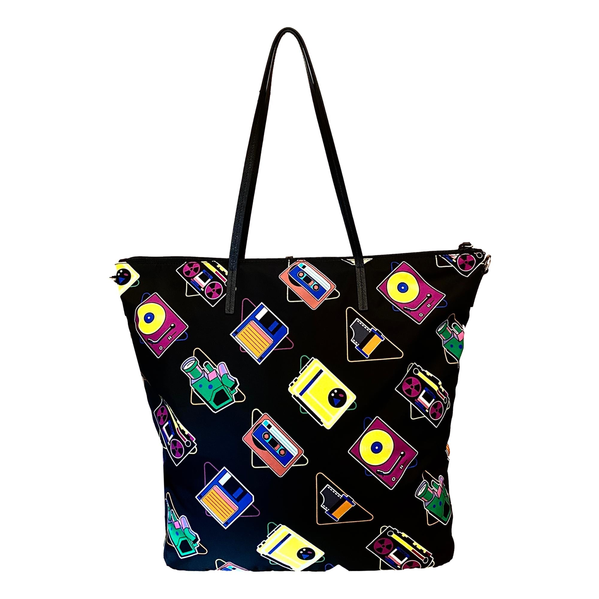 Prada Cassette Print Black Nylon Convertible Tote Shoulder Bag