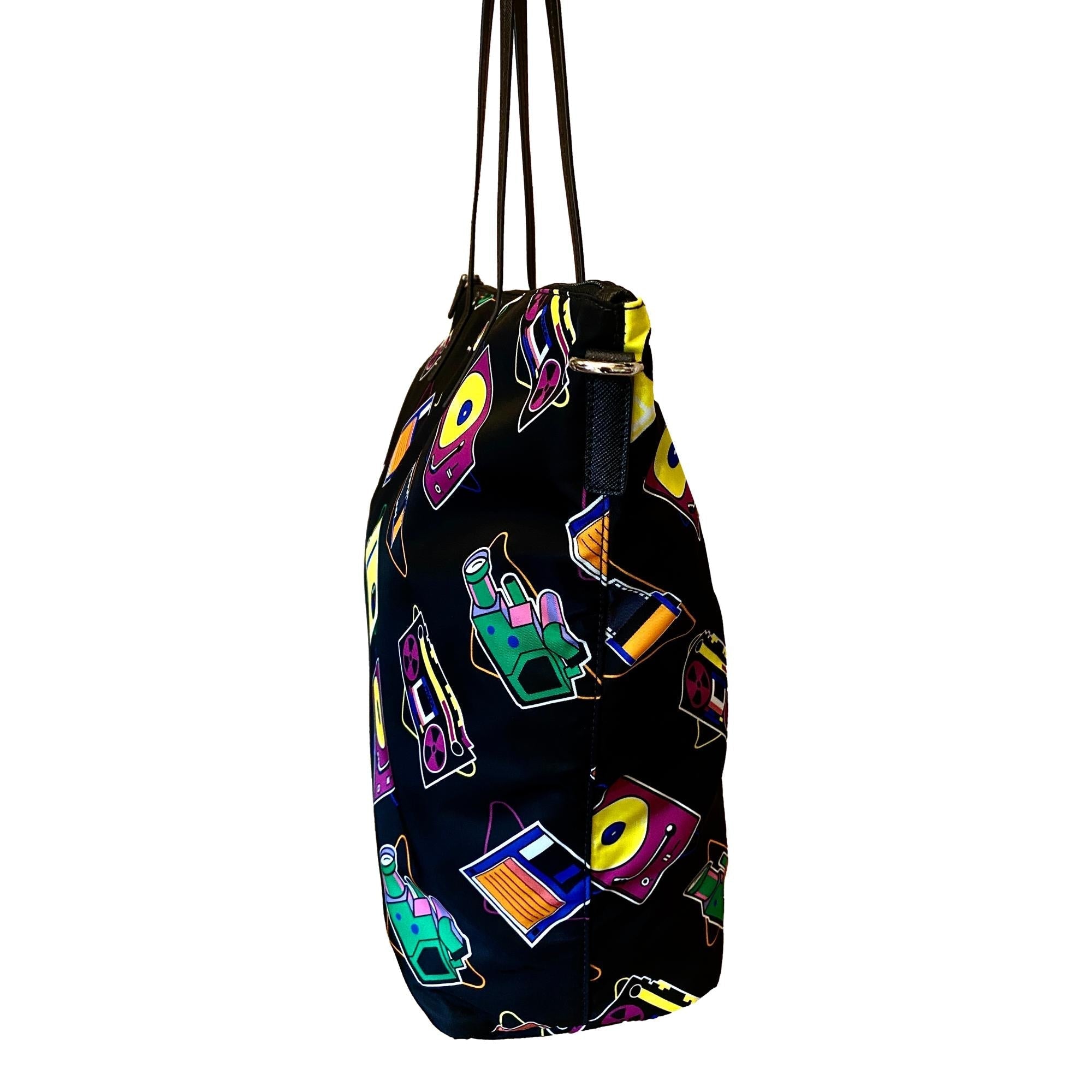 Prada Cassette Print Black Nylon Convertible Tote Shoulder Bag