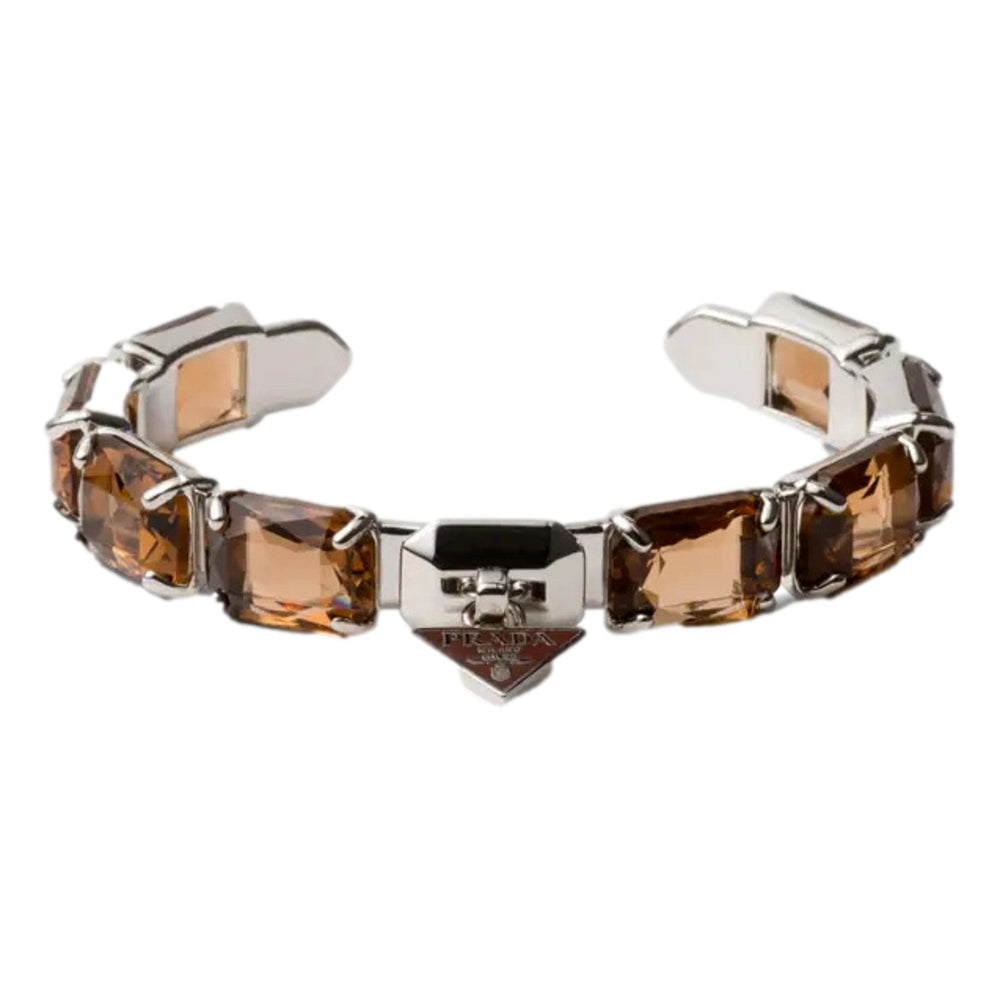 Prada Triangolo Silver Tone Brown Crystal Cuff Bracelet Triangle Logo