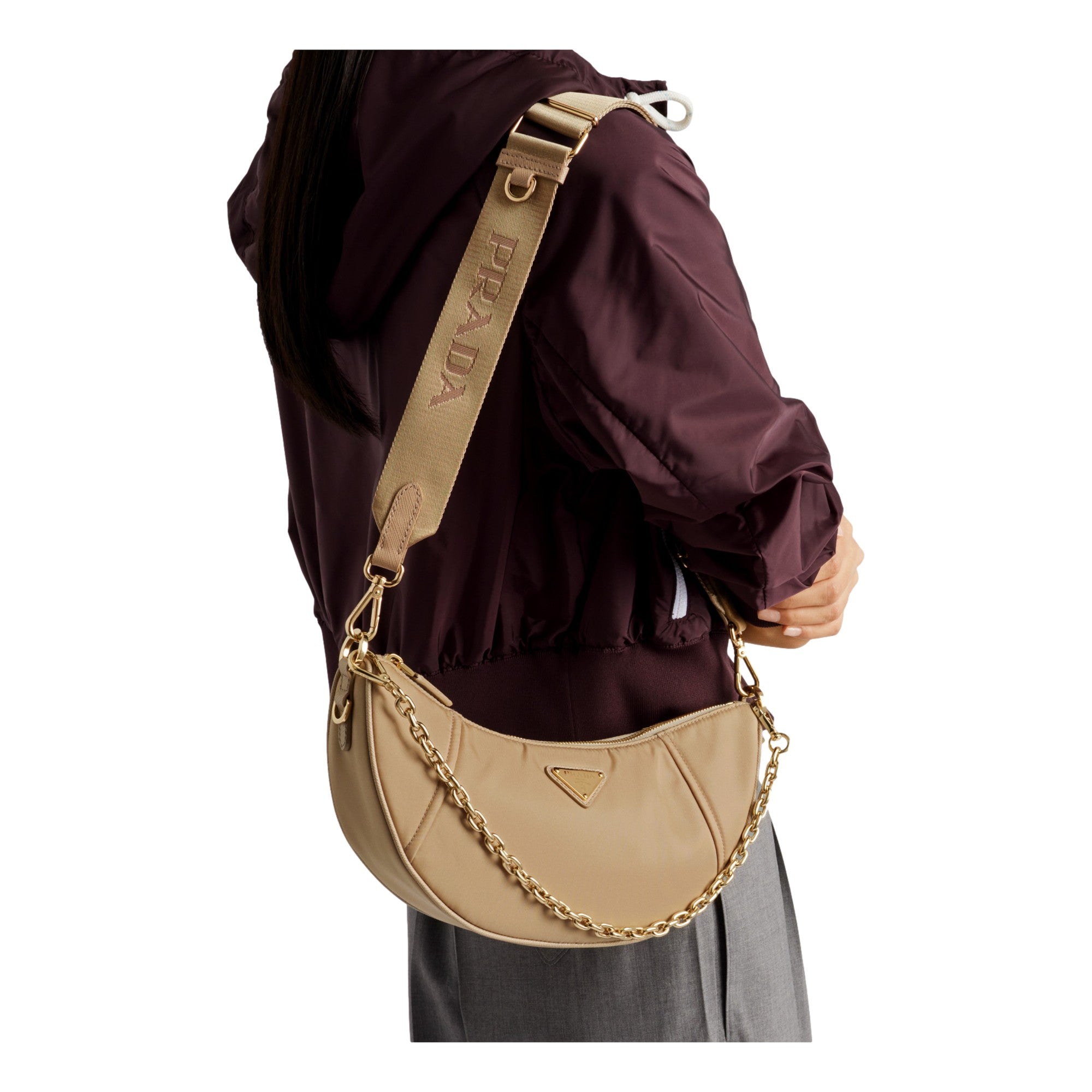 Prada Demi Lune Re-Nylon Crescent Shoulder Bag in Beige
