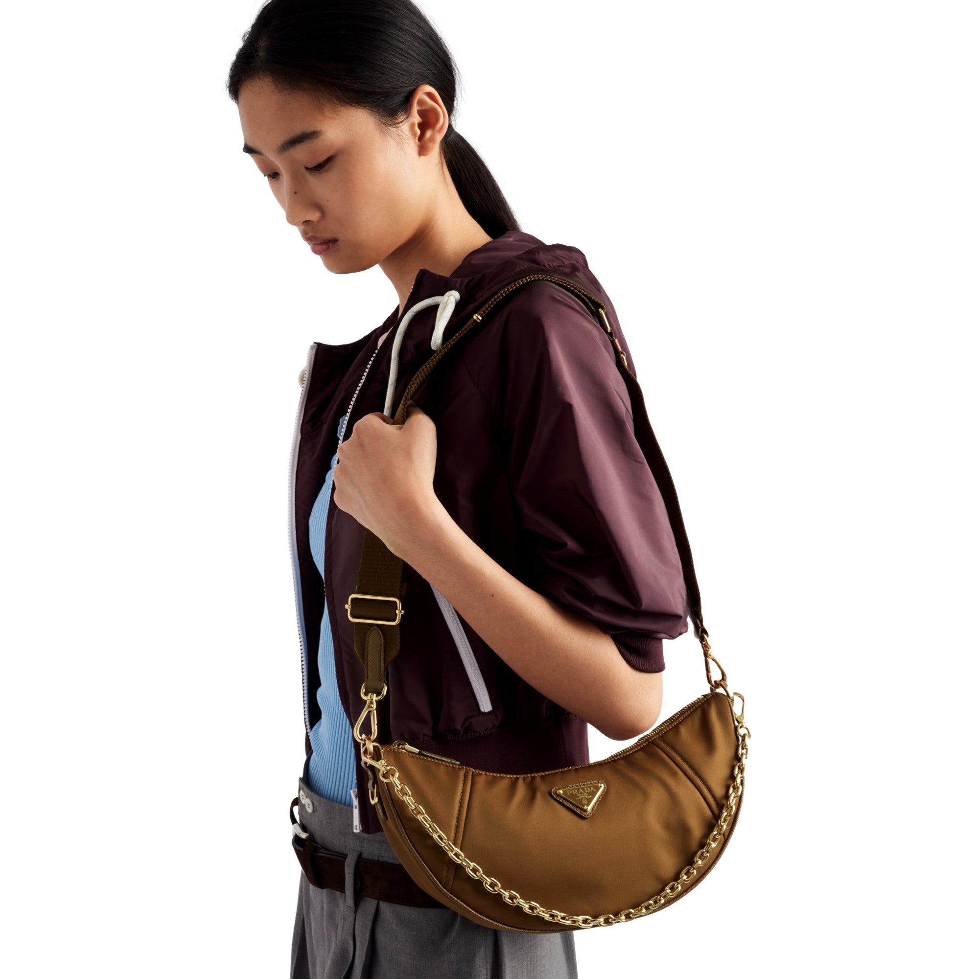 Prada Demi Lune Re-Nylon Crescent Shoulder Bag in Brown
