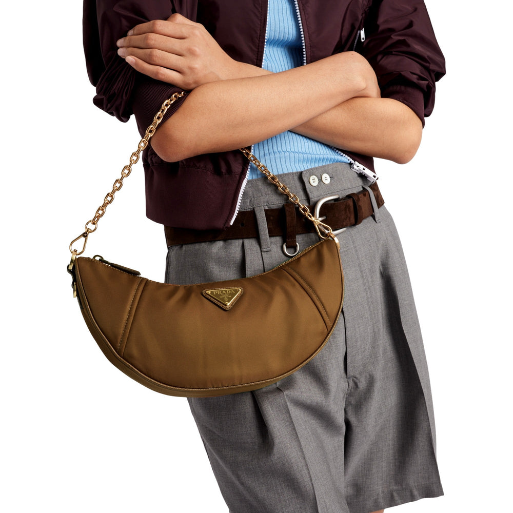 Prada Demi Lune Re-Nylon Crescent Shoulder Bag in Brown