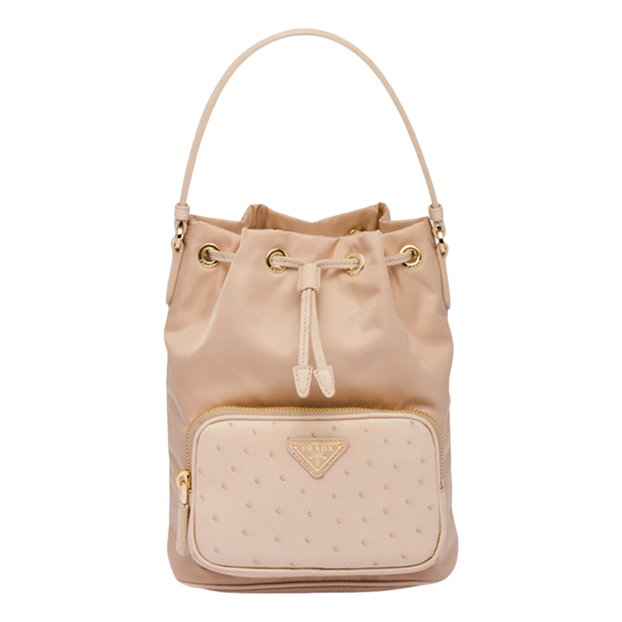 Prada Duet Tessuto Nylon and Ostrich Leather Bucket Bag in Cammeo Beige