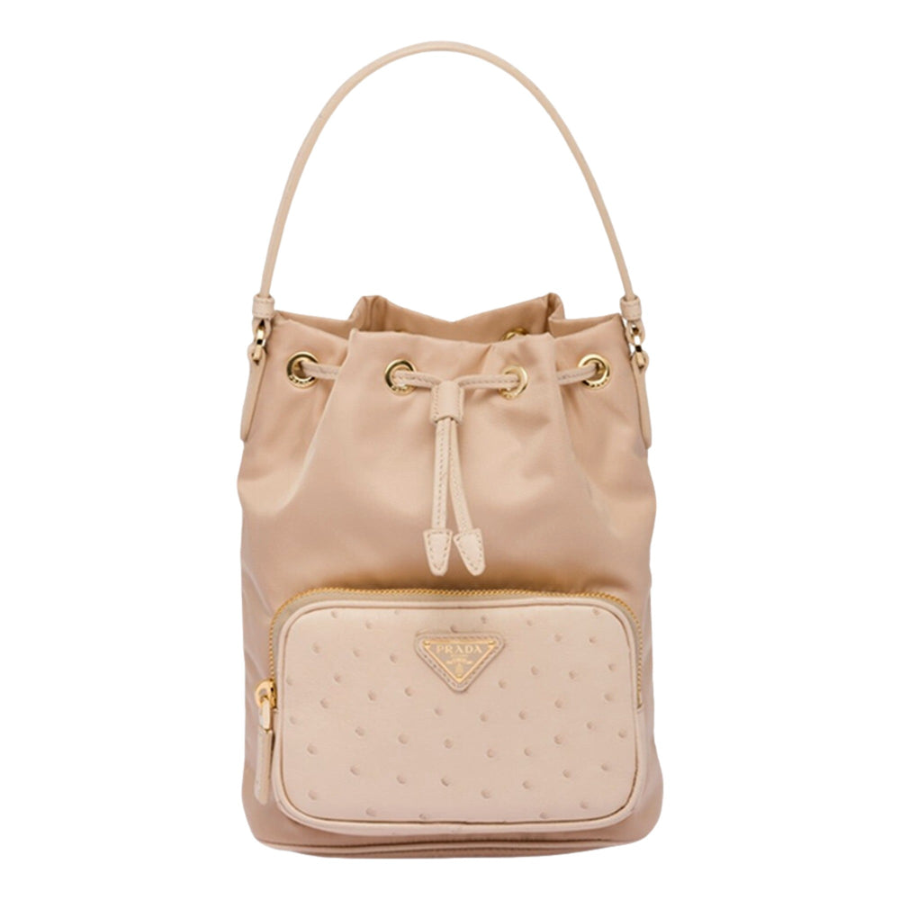 Prada Duet Tessuto Nylon and Ostrich Leather Bucket Bag in Cammeo Beige