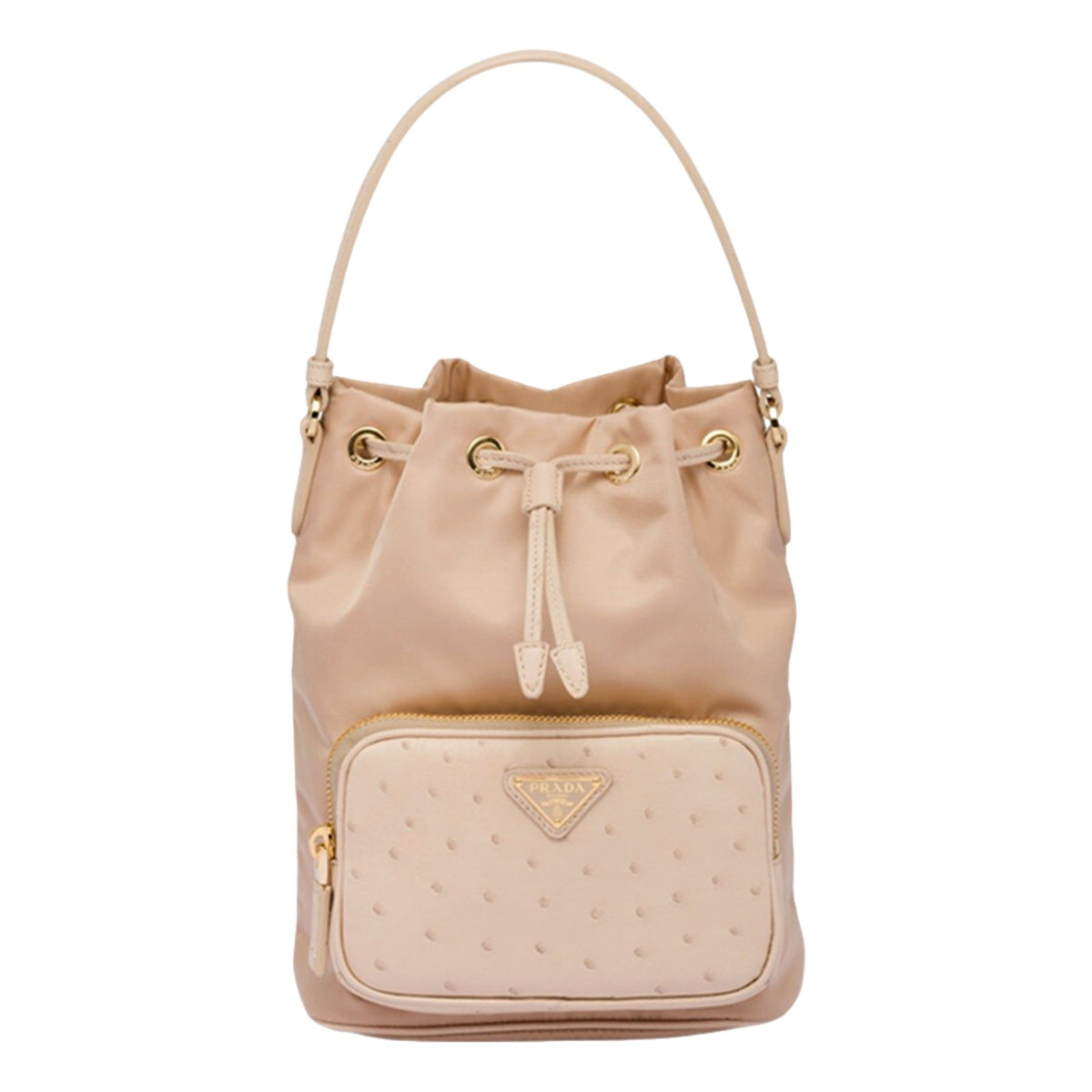 Prada Duet Tessuto Nylon and Ostrich Leather Bucket Bag in Cammeo Beige
