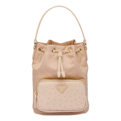 Prada Duet Tessuto Nylon and Ostrich Leather Bucket Bag in Cammeo Beige