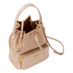 Prada Duet Tessuto Nylon and Ostrich Leather Bucket Bag in Cammeo Beige