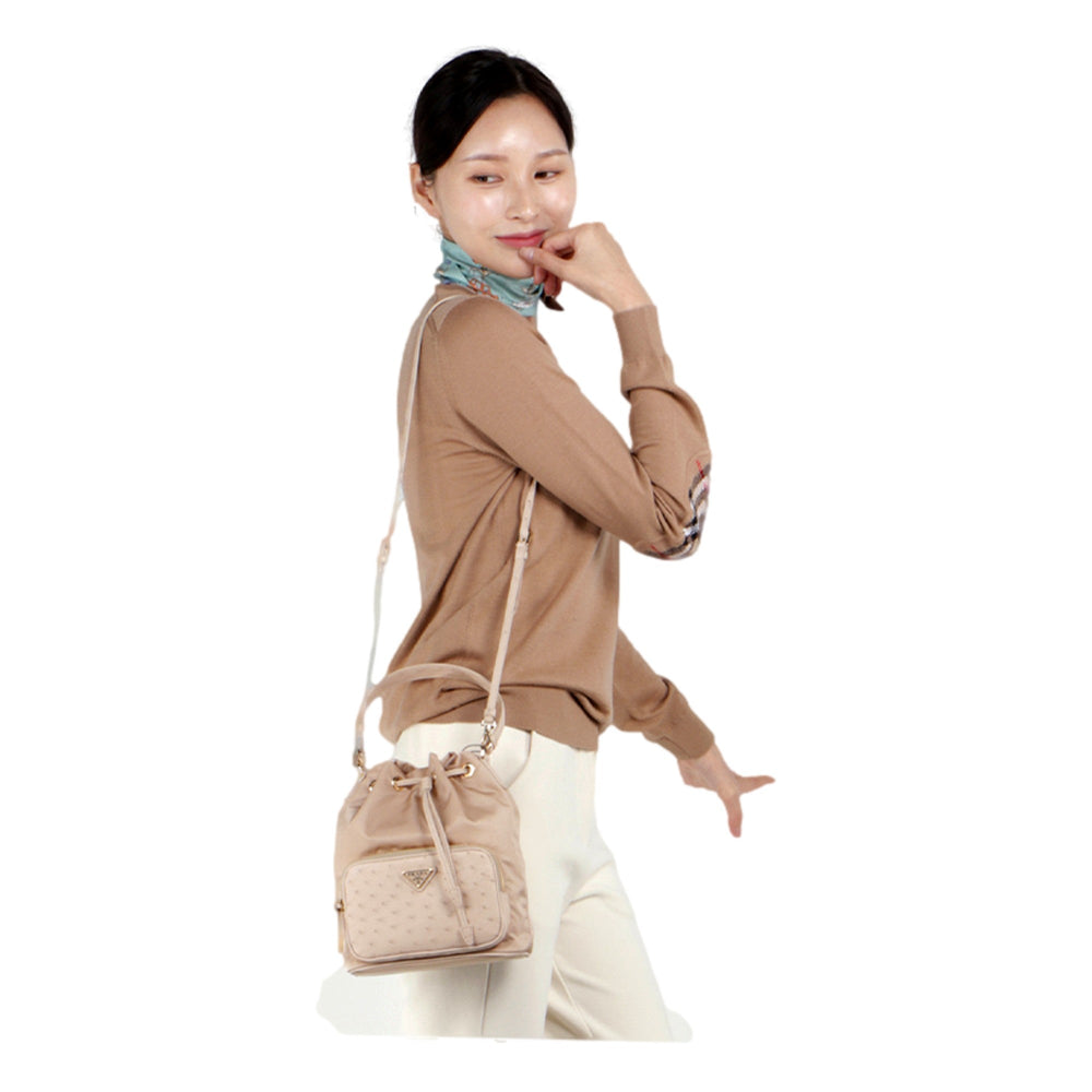 Prada Duet Tessuto Nylon and Ostrich Leather Bucket Bag in Cammeo Beige