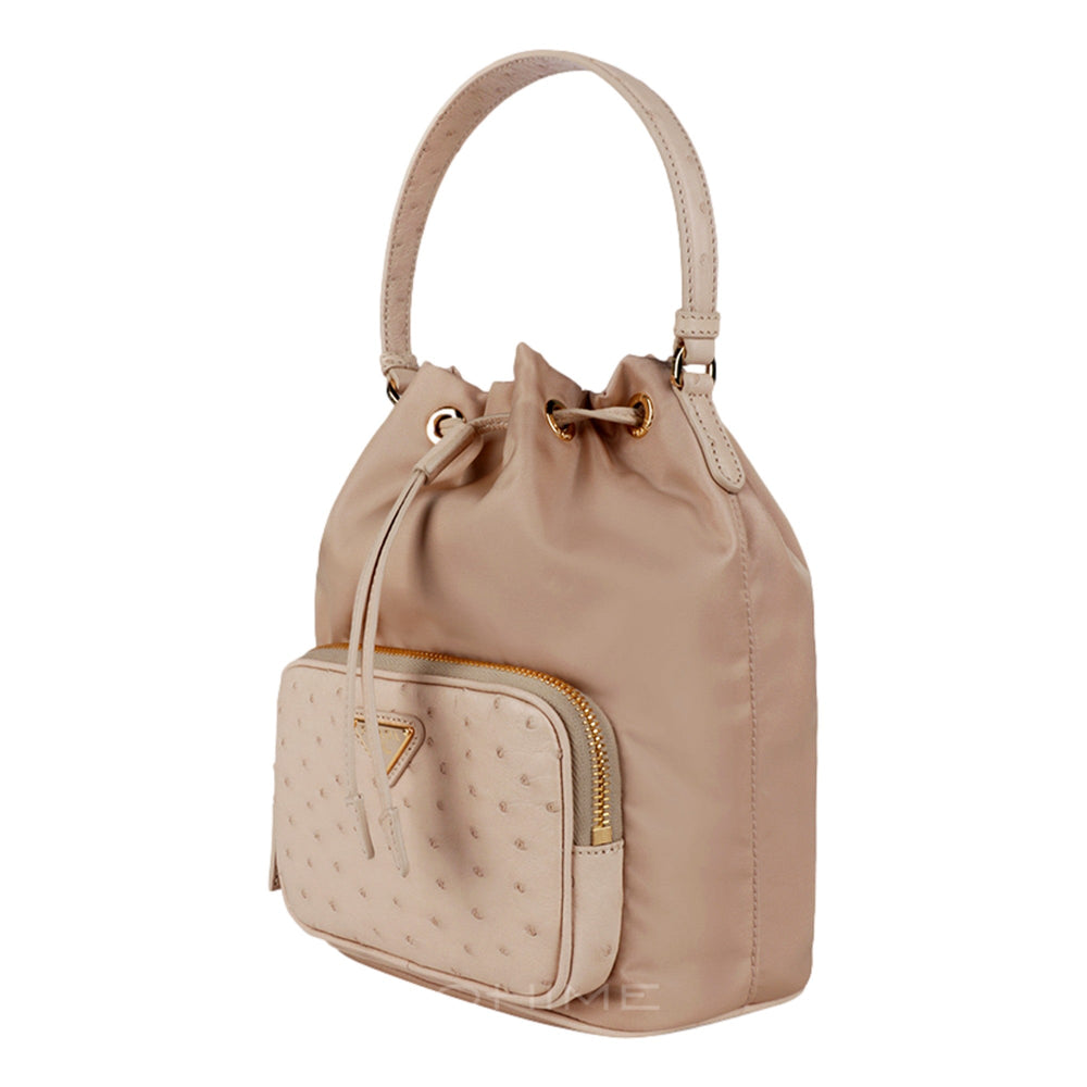 Prada Duet Tessuto Nylon and Ostrich Leather Bucket Bag in Cammeo Beige