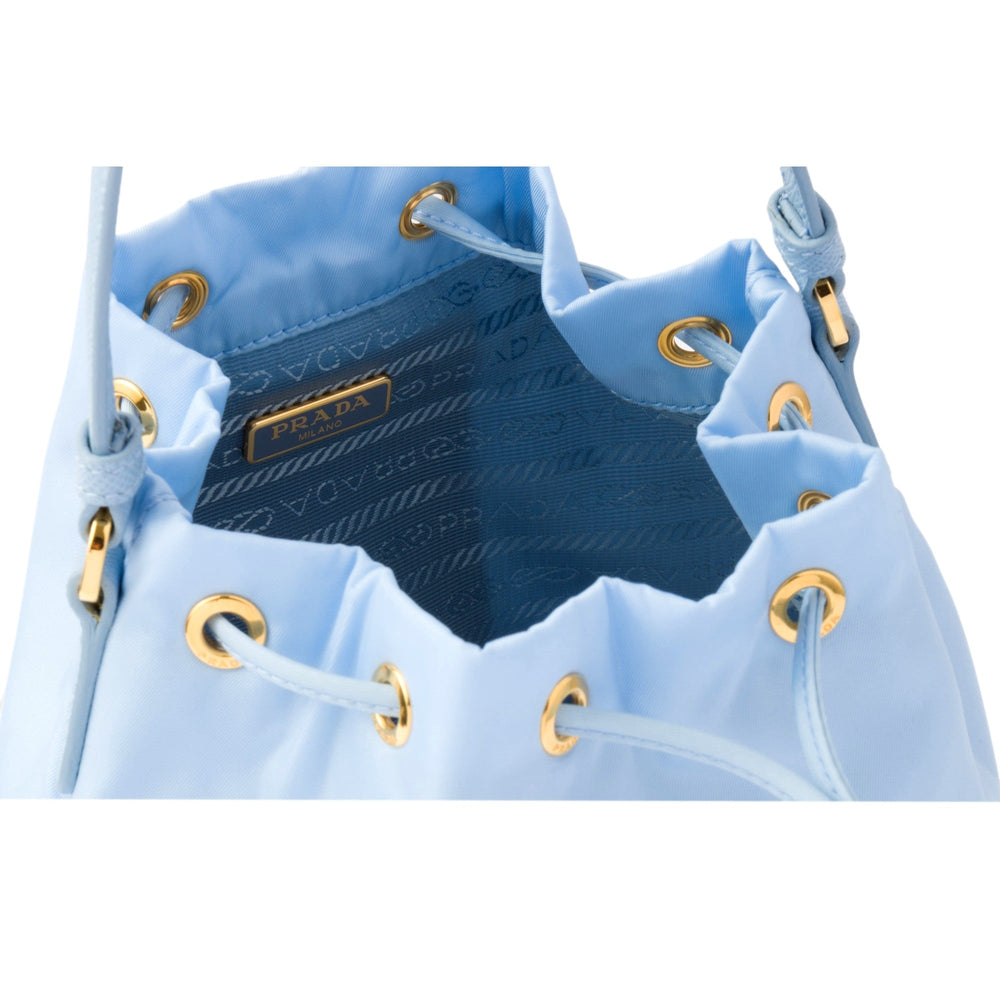 Prada Duet Tessuto Nylon Ostrich Leather Cielo Blue Bucket Bag