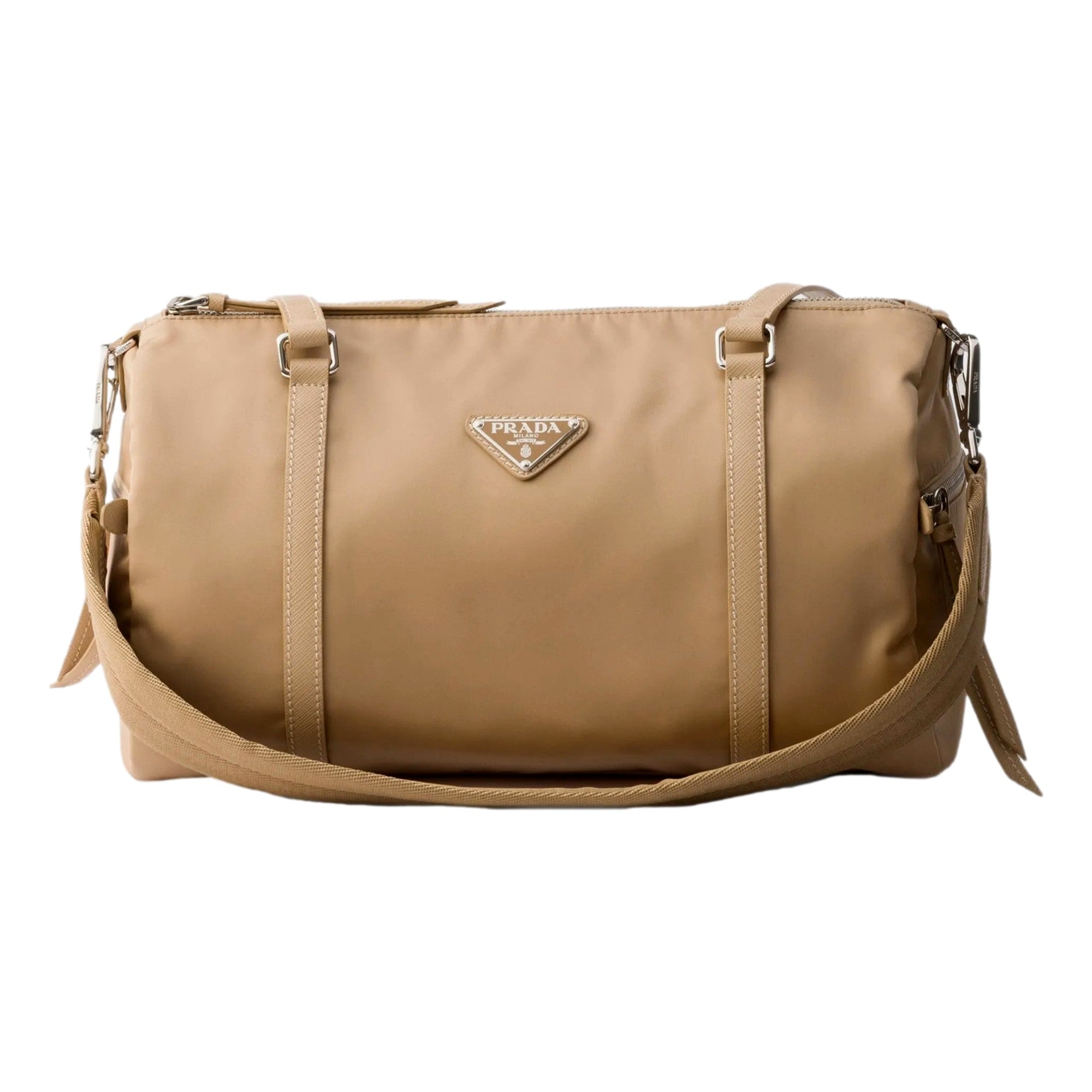 Prada Small Re-Nylon and Saffiano Leather Duffel Bag Camello Beige