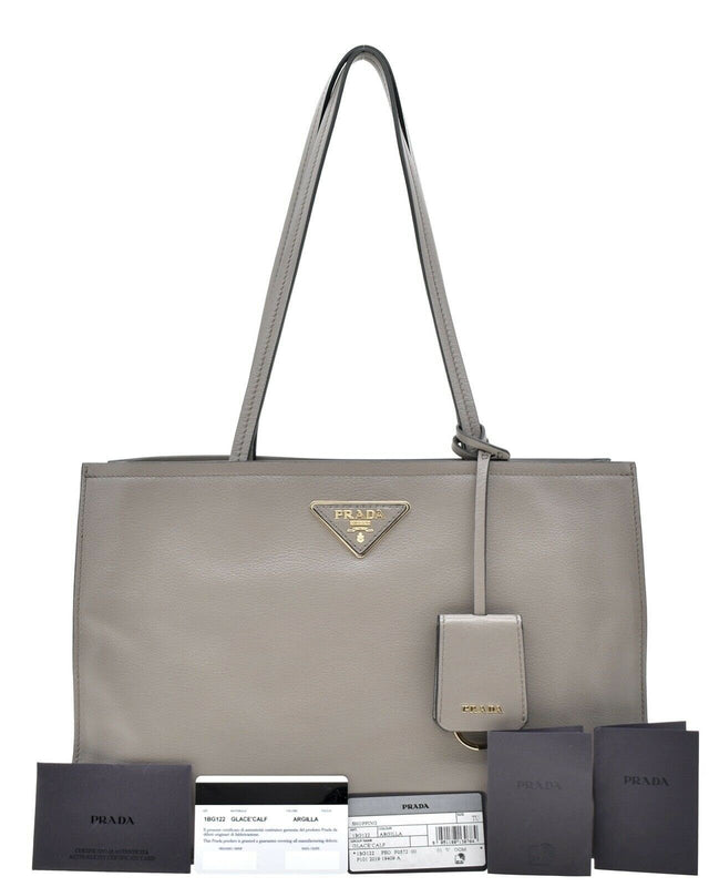 Prada Argilla Grey Glace Calf Leather Shopping Tote Bag