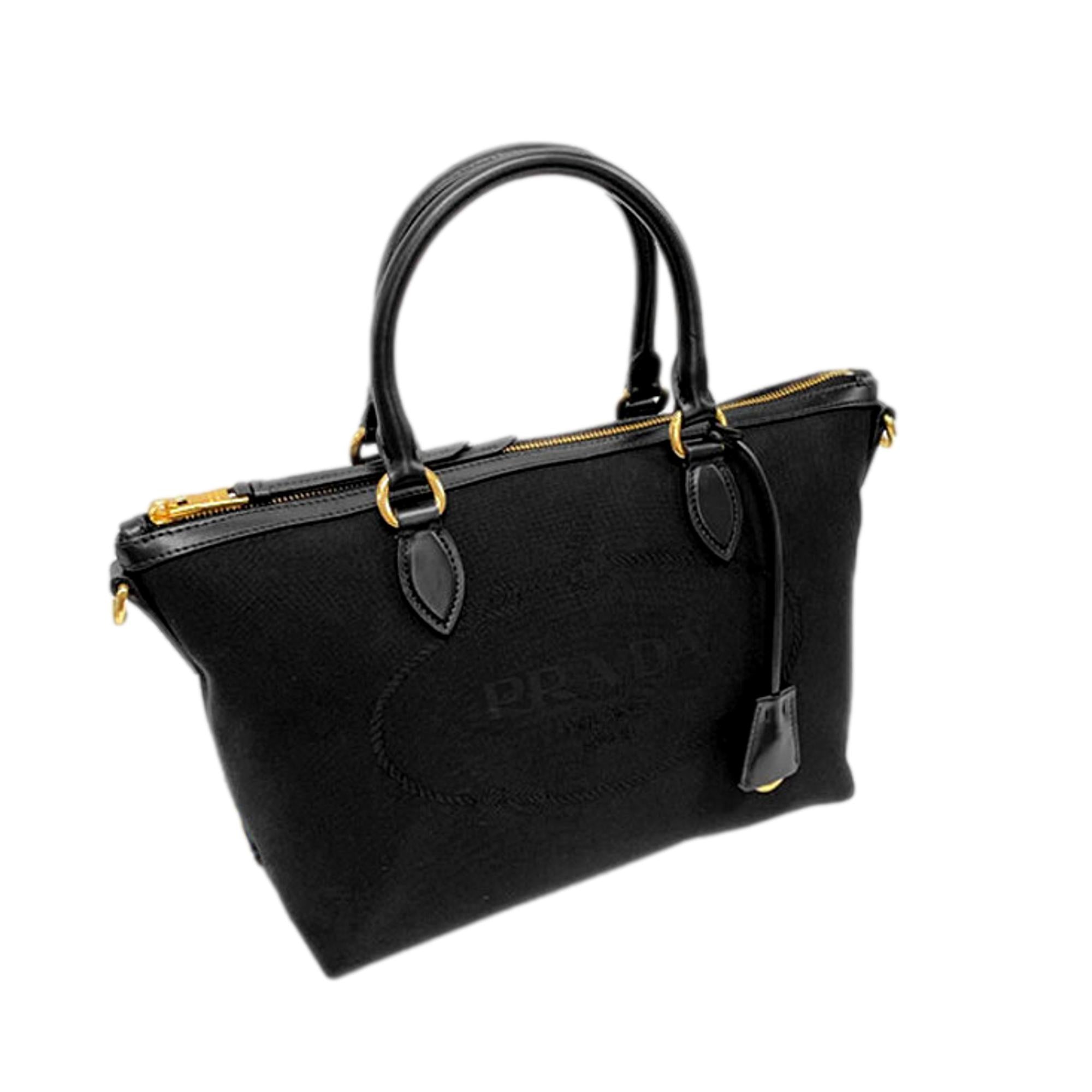 Prada Logo Jacquard Black Canvas Satchel Crossbody Bag Gold Hardware