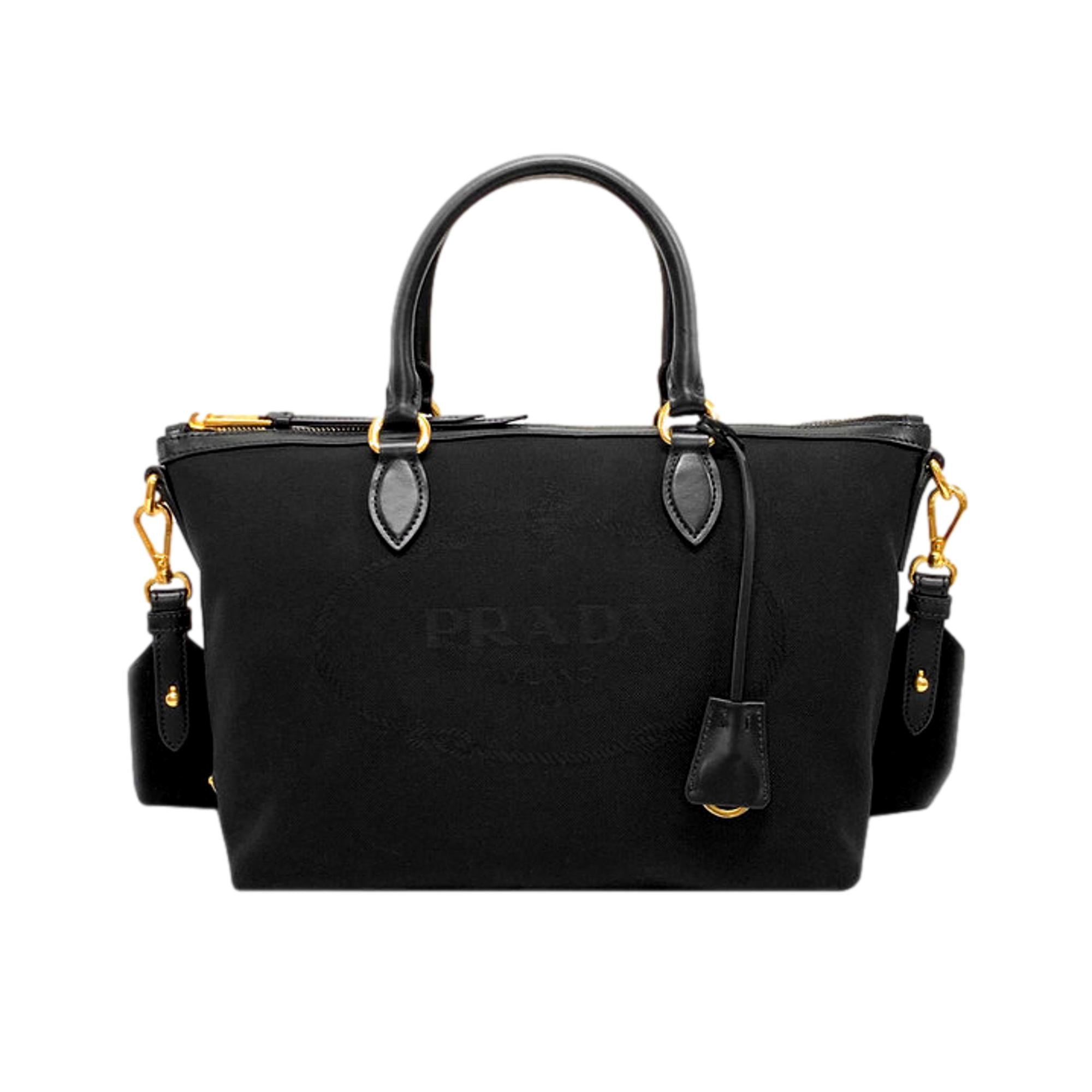 Prada Logo Jacquard Black Canvas Satchel Crossbody Bag Gold Hardware
