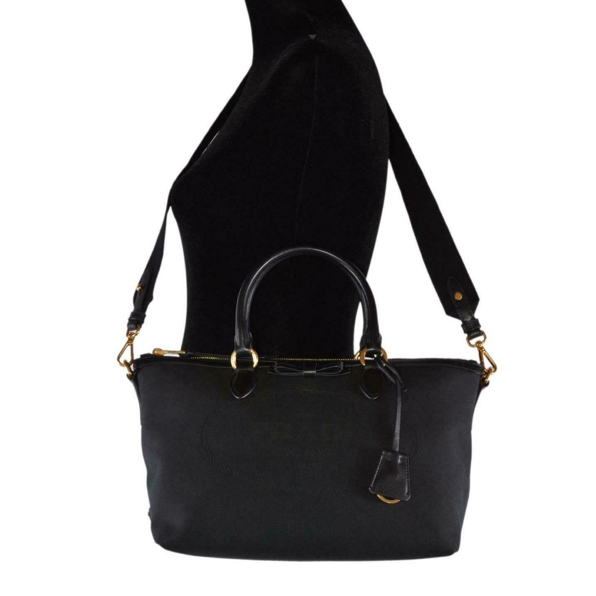 Prada Logo Jacquard Black Canvas Satchel Crossbody Bag Gold Hardware