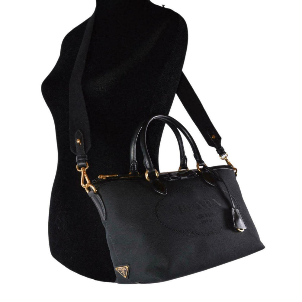 Prada Logo Jacquard Black Canvas Satchel Crossbody Bag Gold Hardware