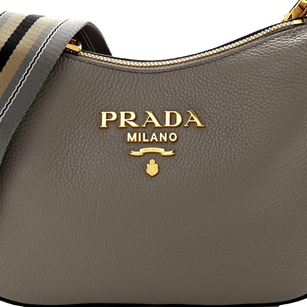 Prada Vitello Phenix Zippered Messenger Hobo Grey Leather Shoulder Bag