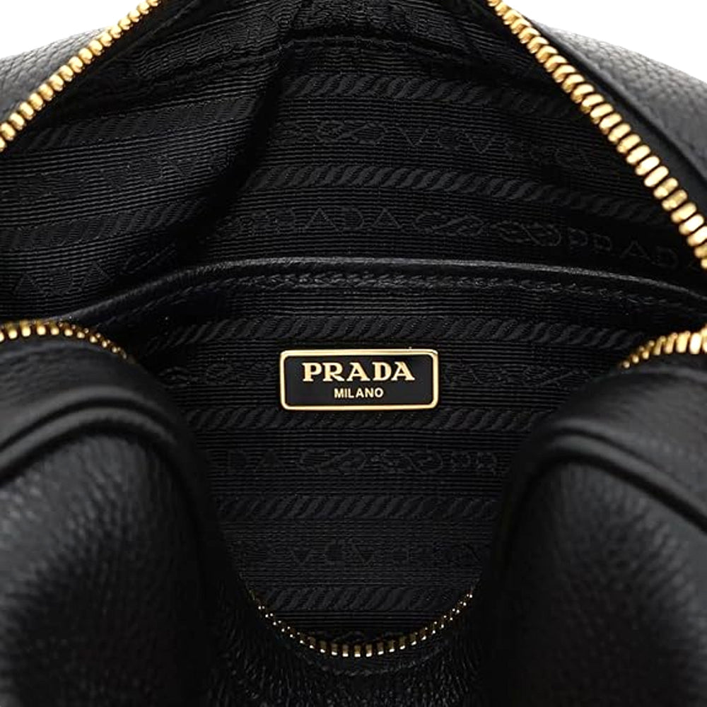 Prada Vitello Phenix Leather Crossbody Bag in Black with Gold Hardware and Web Stripe Strap