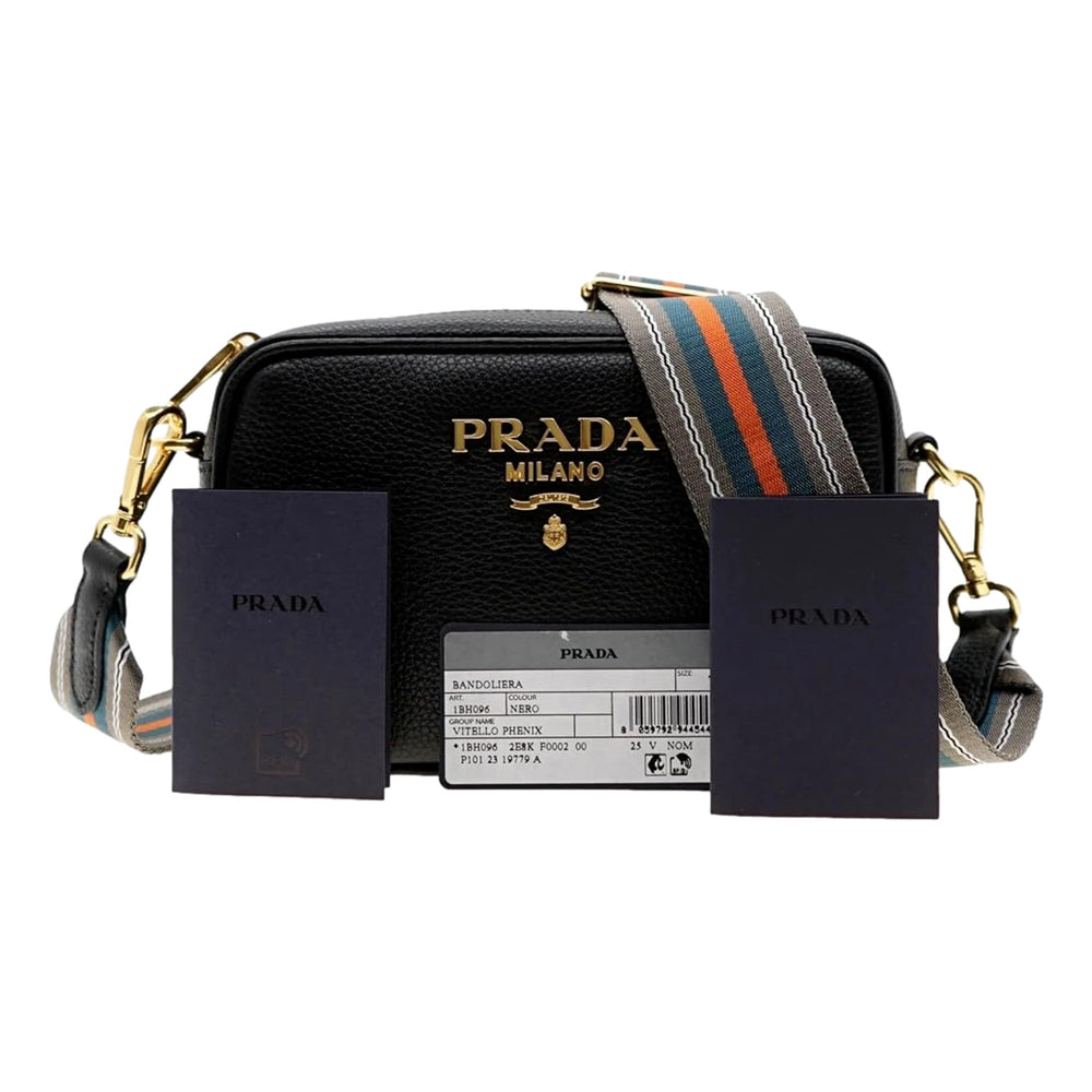Prada Vitello Phenix Leather Crossbody Bag in Black with Gold Hardware and Web Stripe Strap