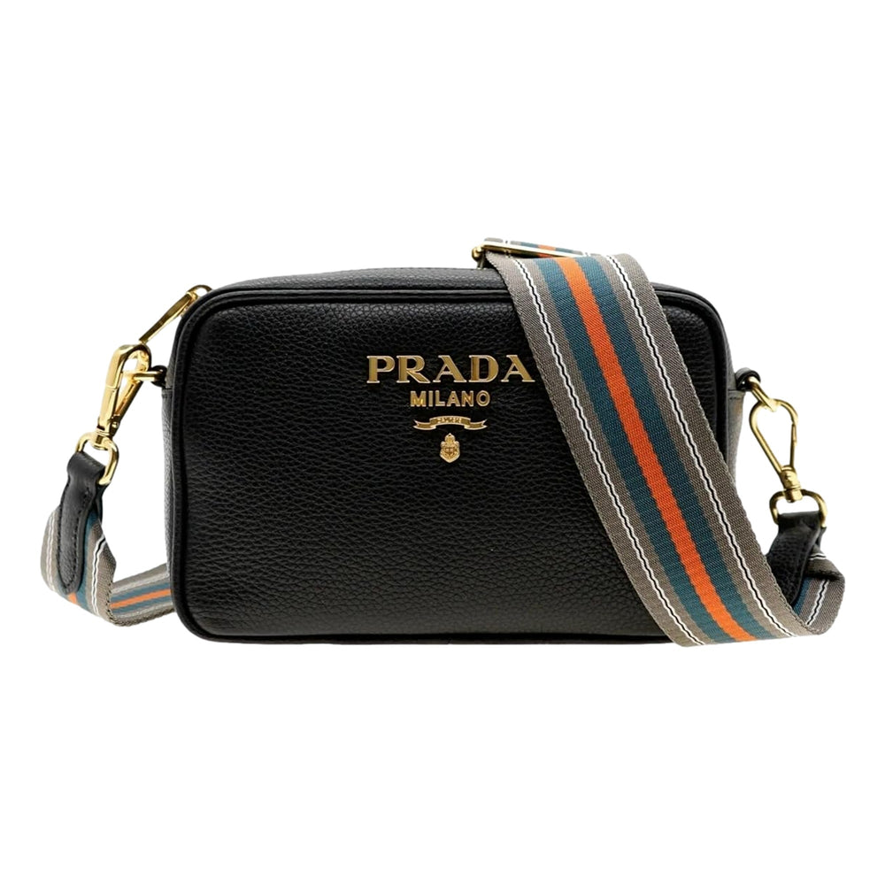 Prada Vitello Phenix Leather Crossbody Bag in Black with Gold Hardware and Web Stripe Strap