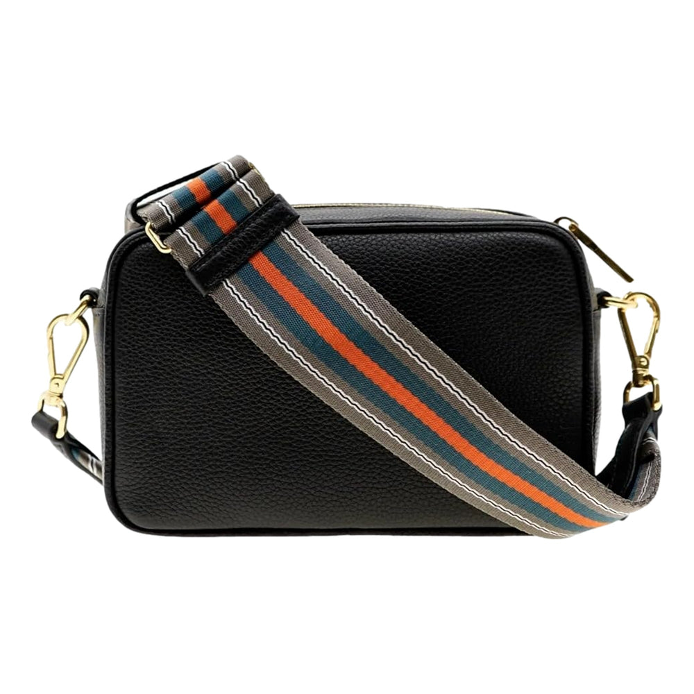 Prada Vitello Phenix Leather Crossbody Bag in Black with Gold Hardware and Web Stripe Strap
