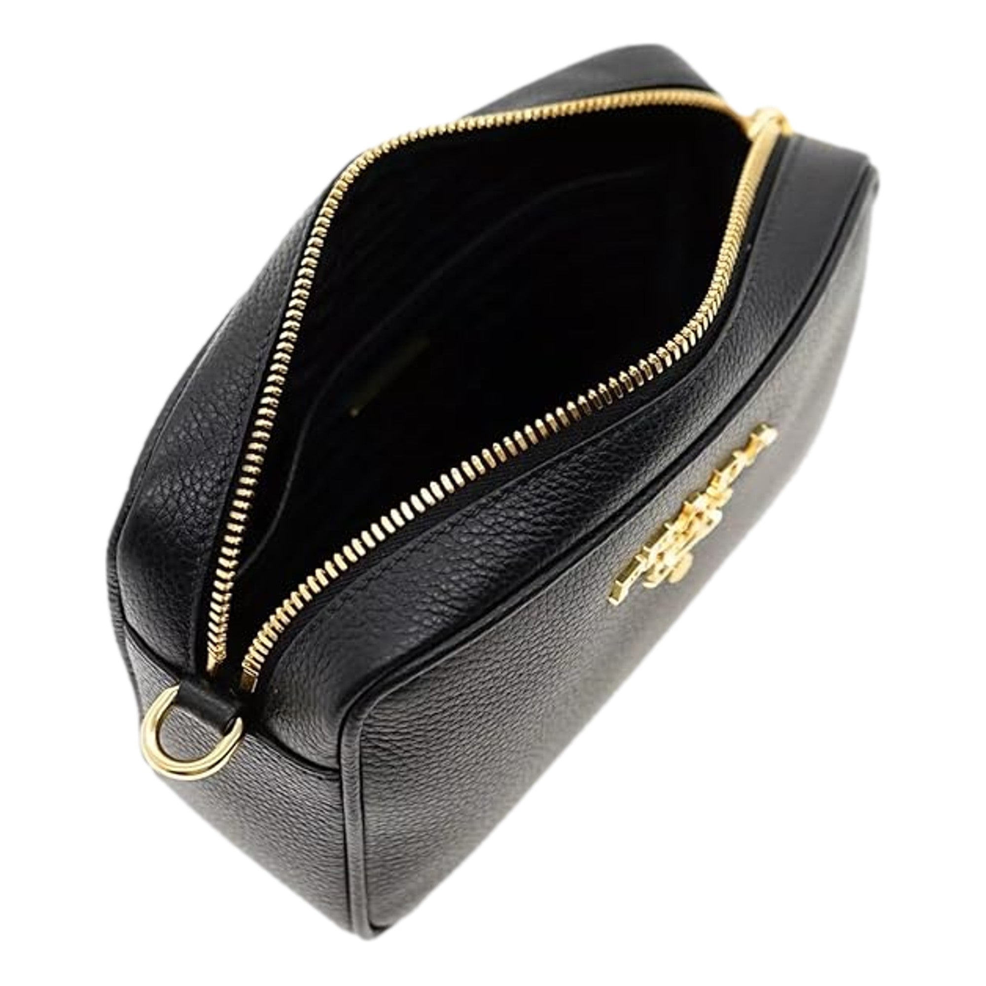 Prada Vitello Phenix Leather Crossbody Bag in Black with Gold Hardware and Web Stripe Strap