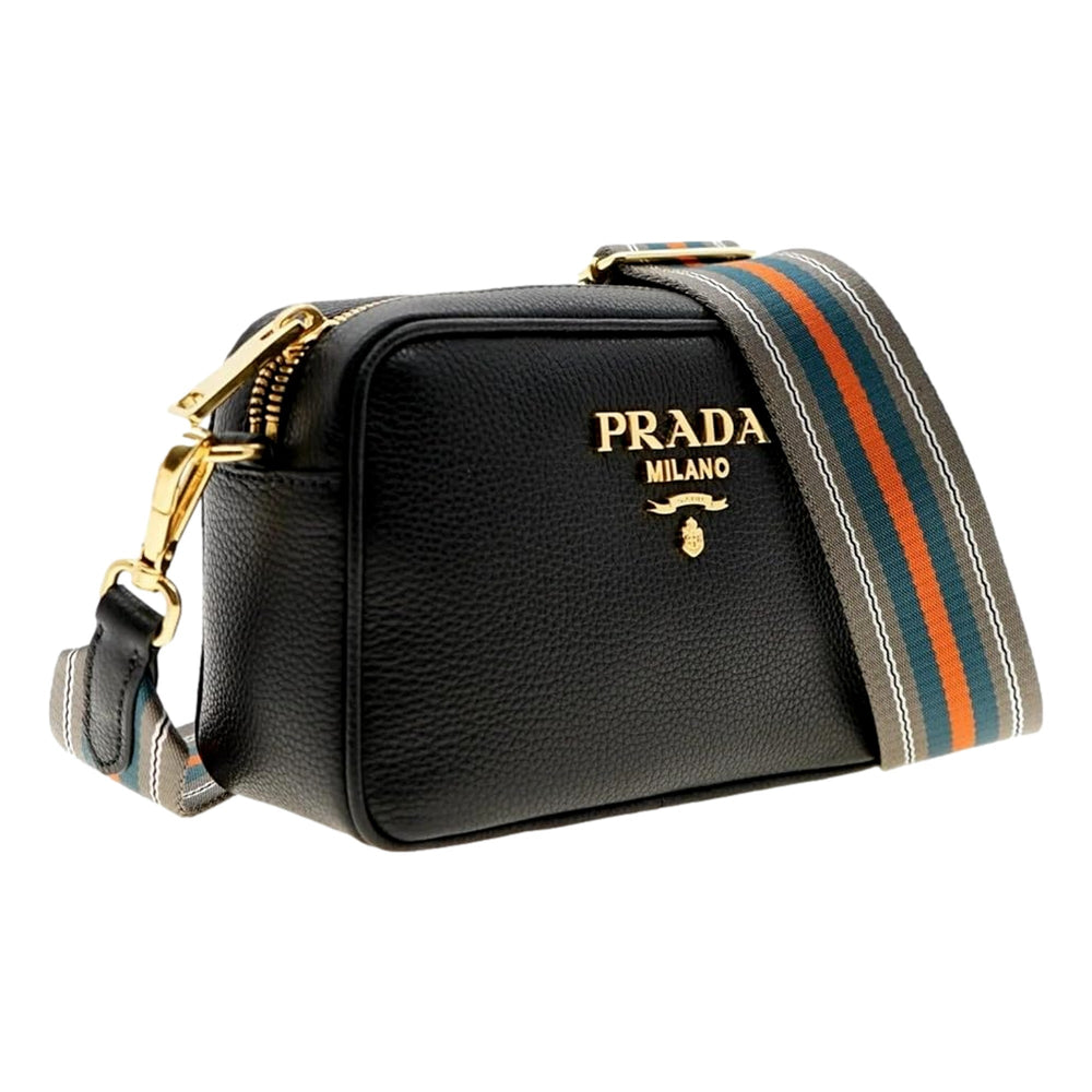 Prada Vitello Phenix Leather Crossbody Bag in Black with Gold Hardware and Web Stripe Strap