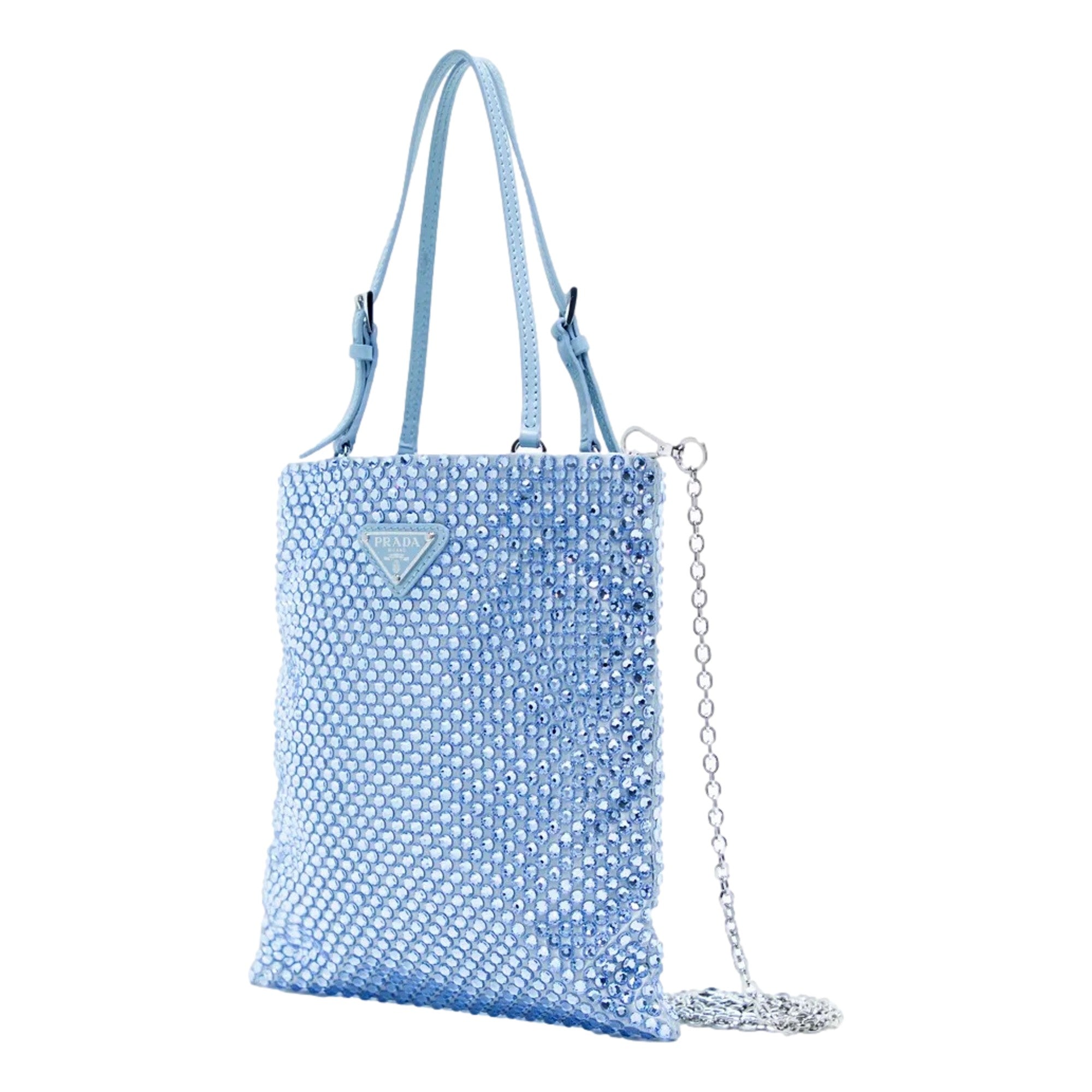 Prada Mini Satin Crystal Embellished Double Handle Crossbody Handbag Light Blue