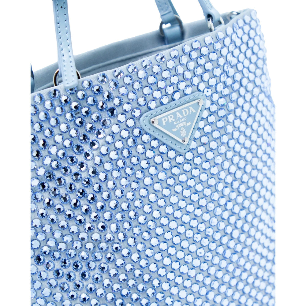 Prada Mini Satin Crystal Embellished Double Handle Crossbody Handbag Light Blue