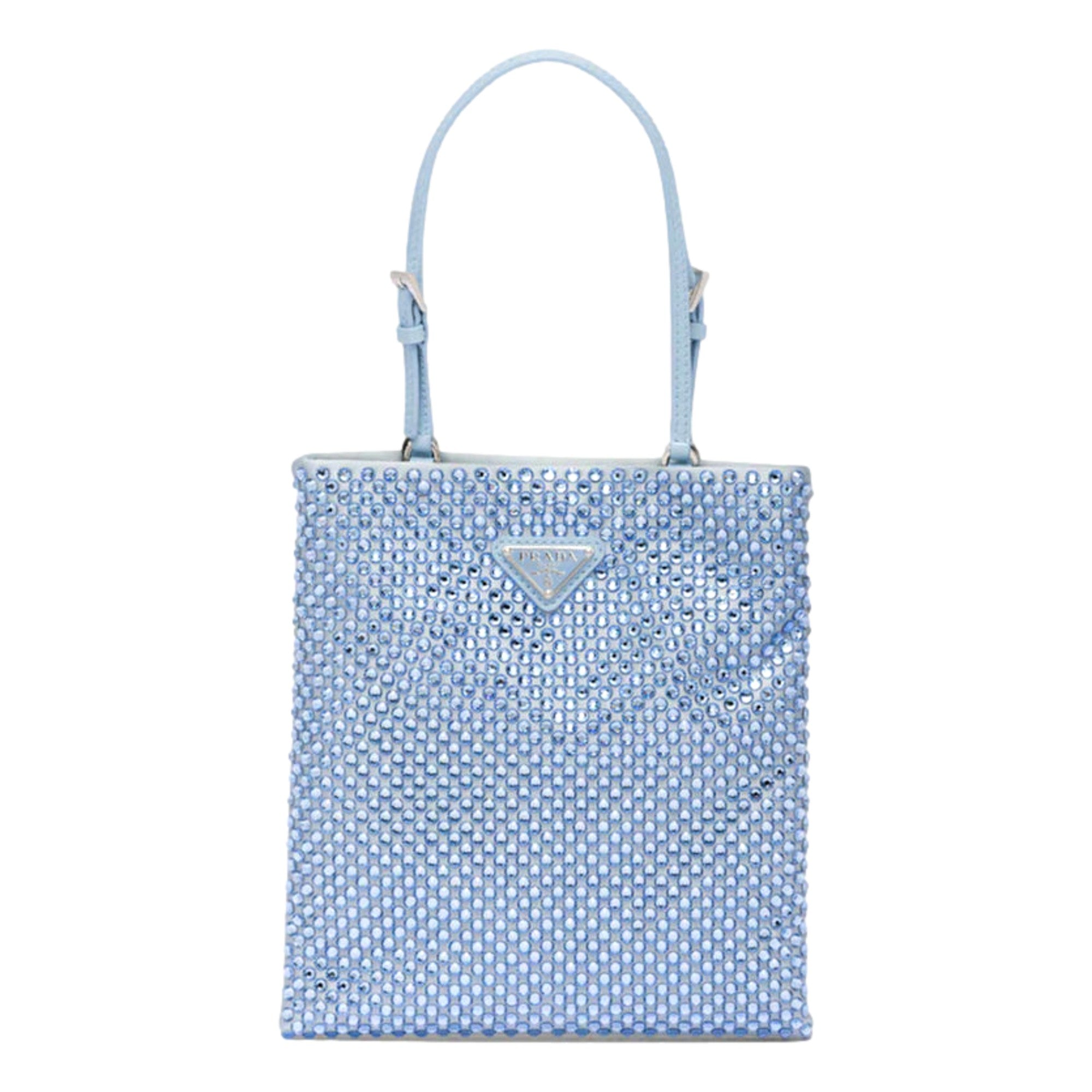 Prada Mini Satin Crystal Embellished Double Handle Crossbody Handbag Light Blue