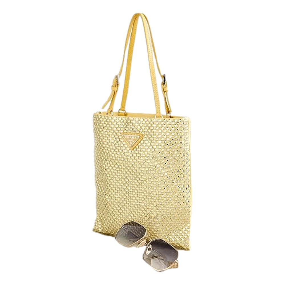 Prada Mini Satin Crystal Embellished Double Handle Crossbody Handbag Yellow