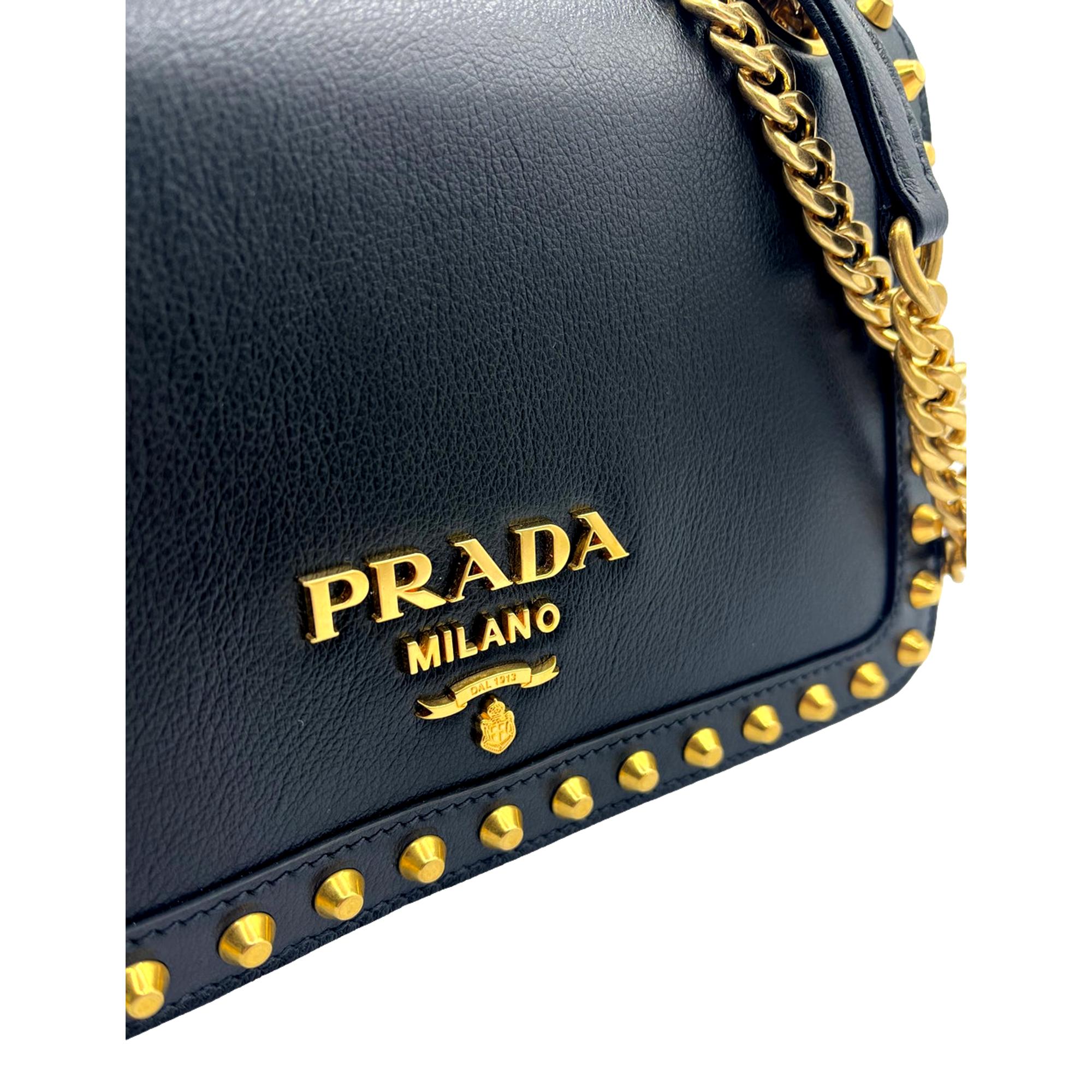Prada Pattina Black Glace Calf Leather Studded Flap Crossbody Bag Gold Chain