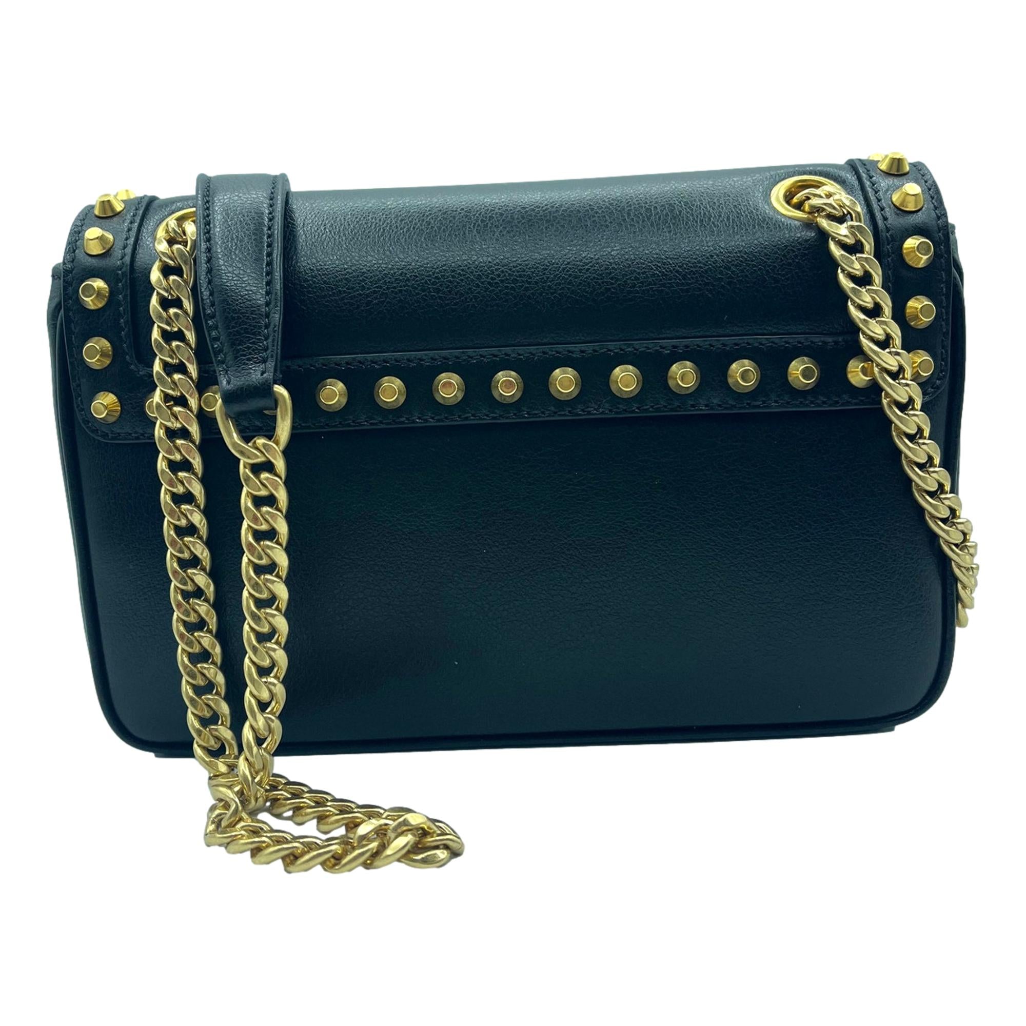 Prada Pattina Black Glace Calf Leather Studded Flap Crossbody Bag Gold Chain