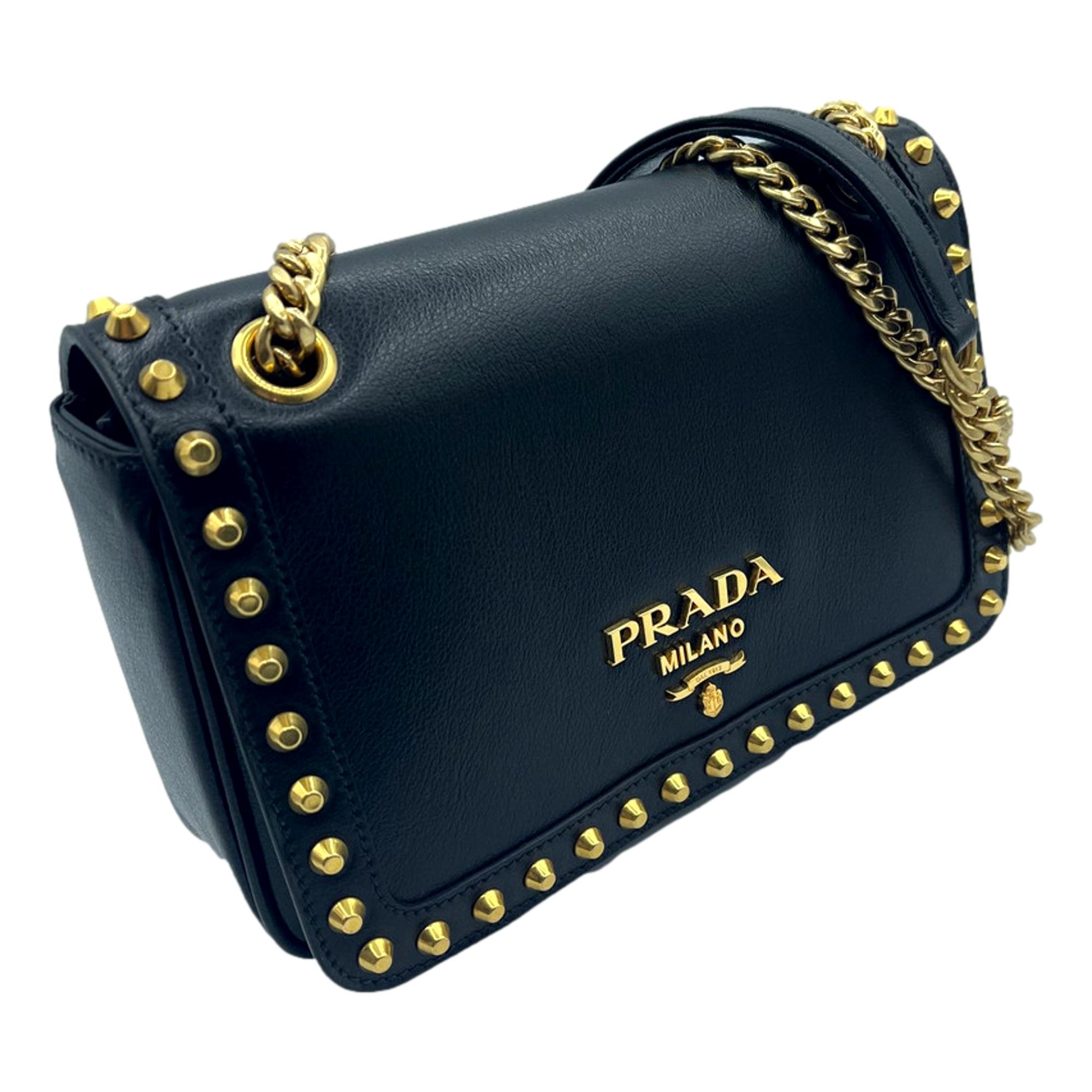 Prada Pattina Black Glace Calf Leather Studded Flap Crossbody Bag Gold Chain