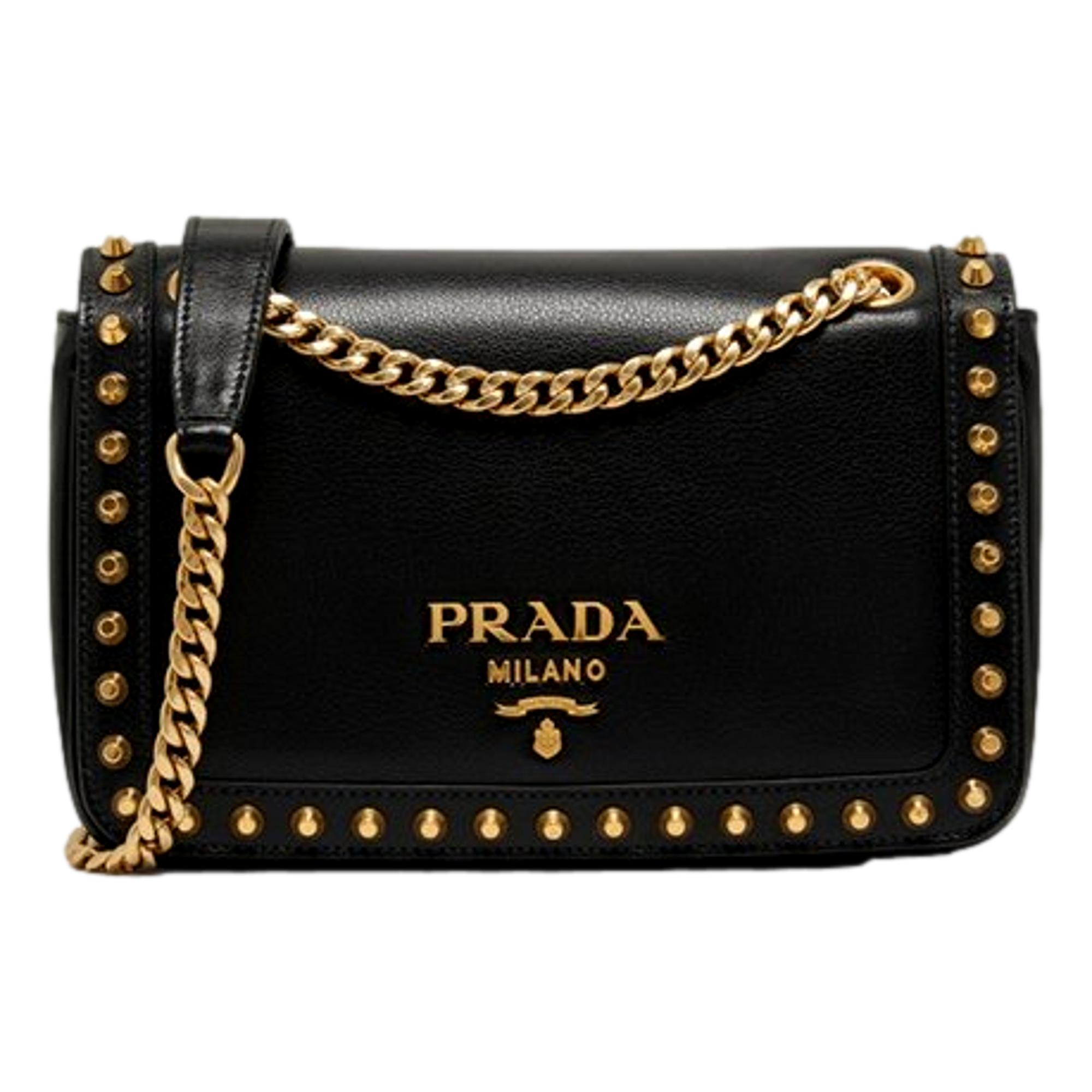 Prada Pattina Black Glace Calf Leather Studded Flap Crossbody Bag Gold Chain