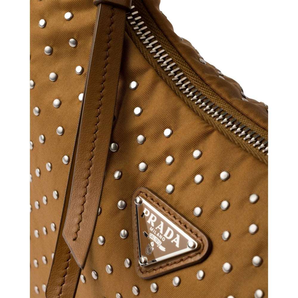 Prada Re-Edition Studded Nylon Mini Shoulder Bag in Brown with Silver Hardware