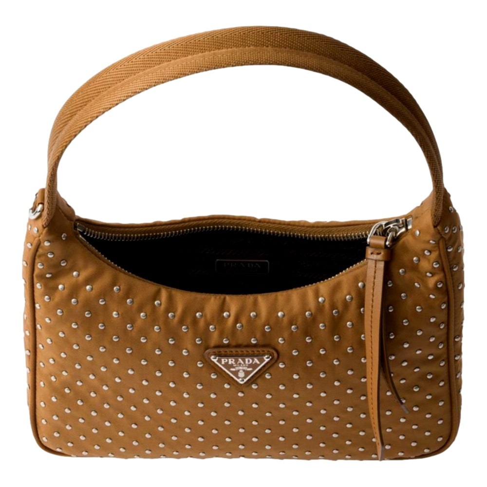 Prada Re-Edition Studded Nylon Mini Shoulder Bag in Brown with Silver Hardware