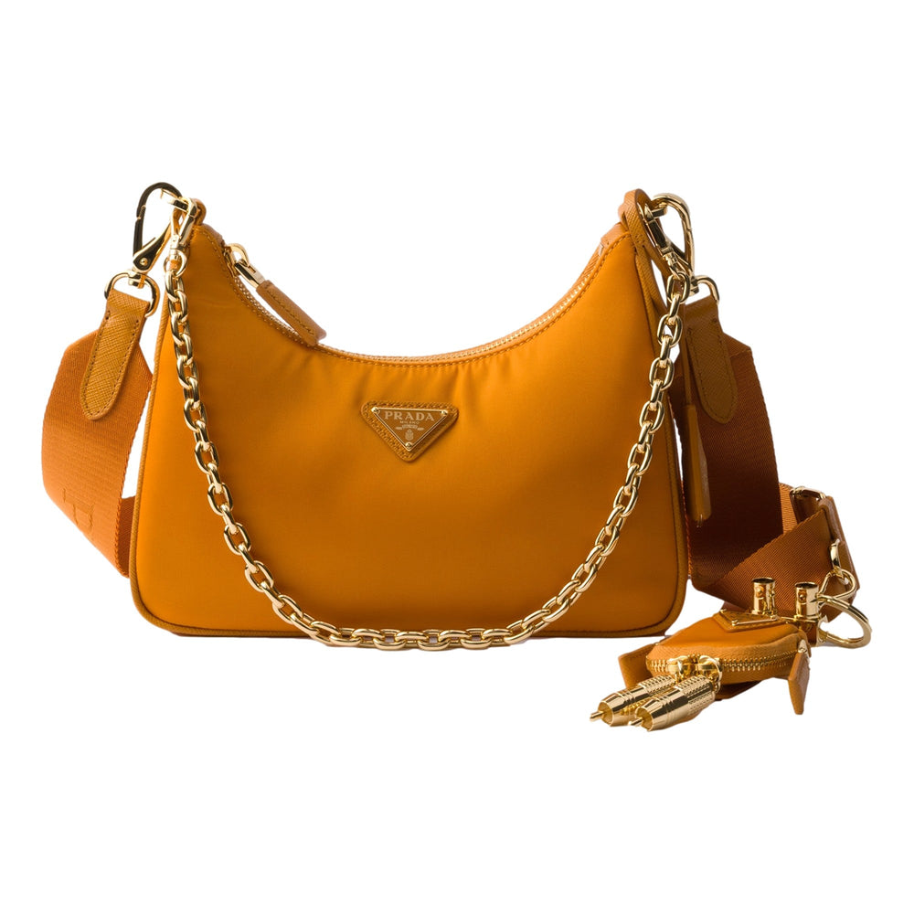 Prada Re-Edition 2005 Orange Re-Nylon and Saffiano Leather Shoulder Bag with Robot Charm Strap