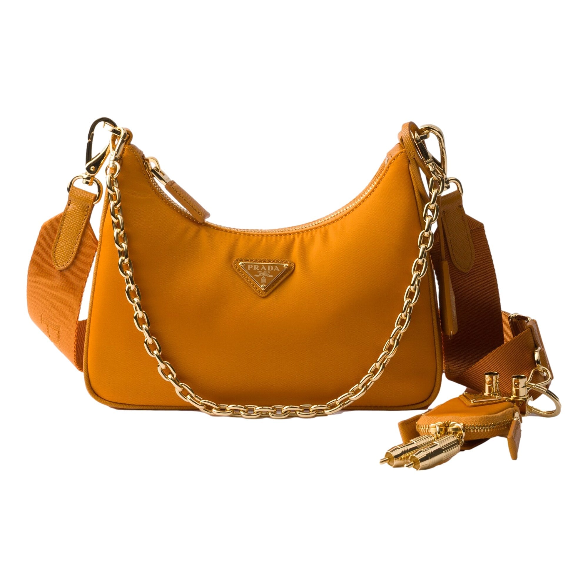 Prada Re-Edition 2005 Orange Re-Nylon and Saffiano Leather Shoulder Bag with Robot Charm Strap
